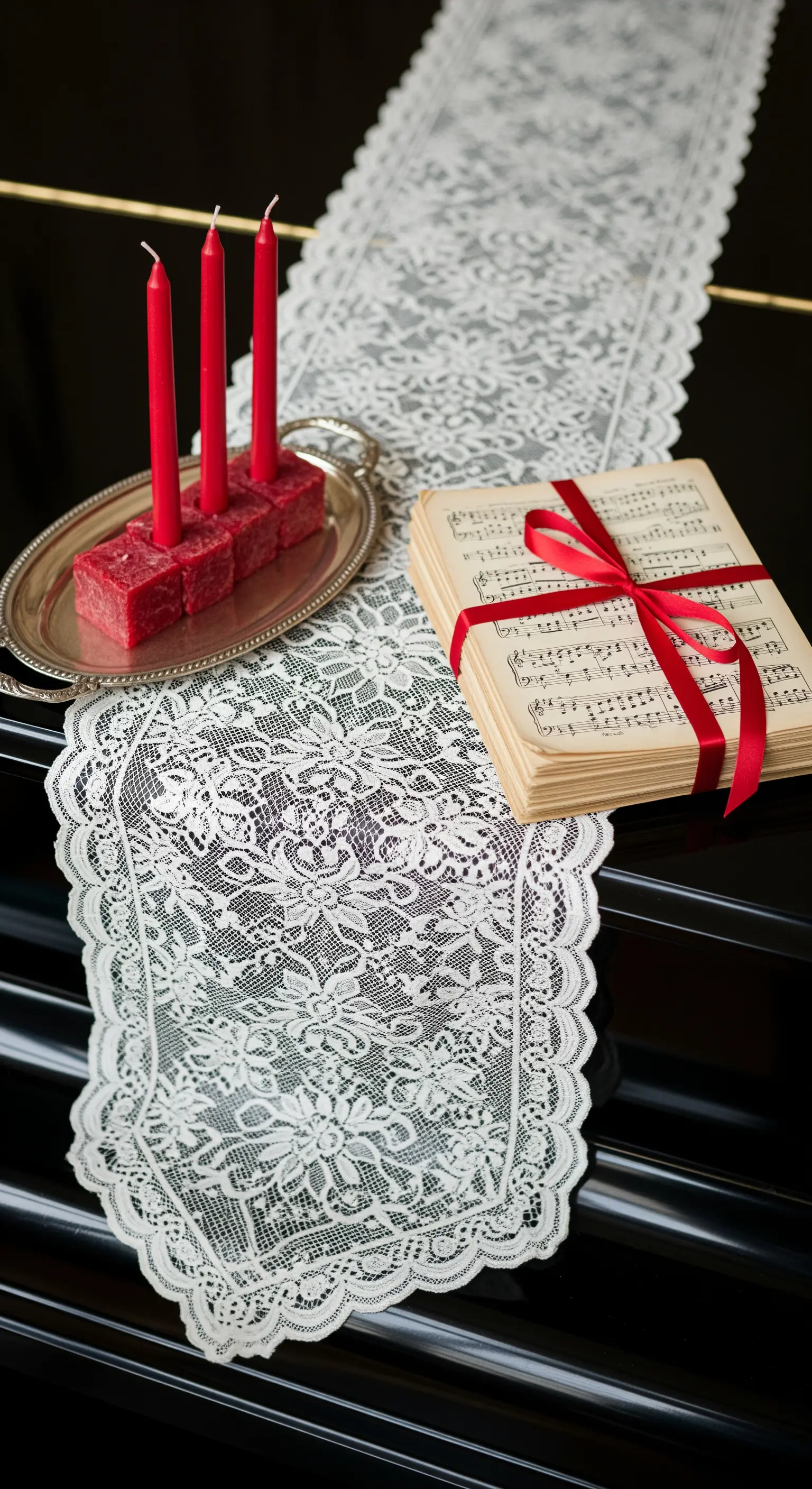 Pianoforte nero decorato con runner in pizzo, candele rosse e spartiti legati da un nastro.