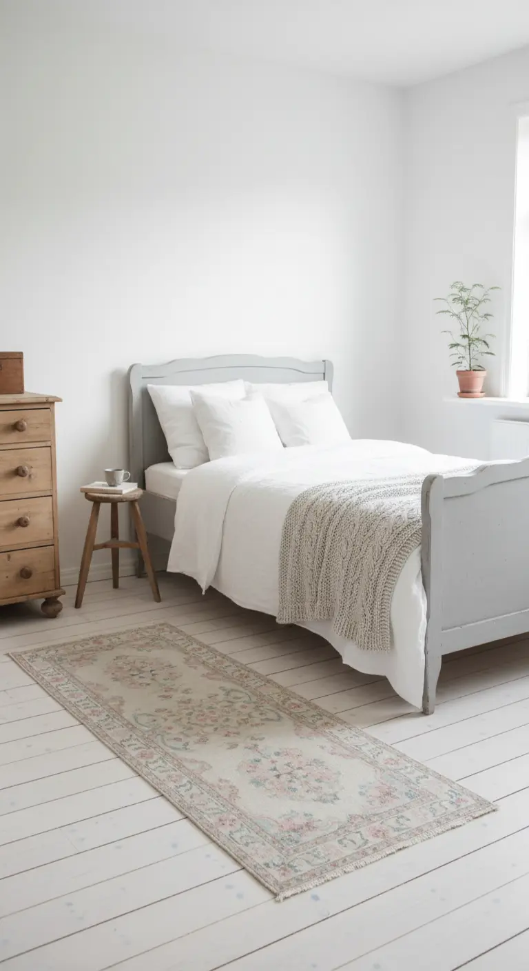 Camera da letto minimalista bianca con letto grigio e un piccolo tappeto floreale persiano.