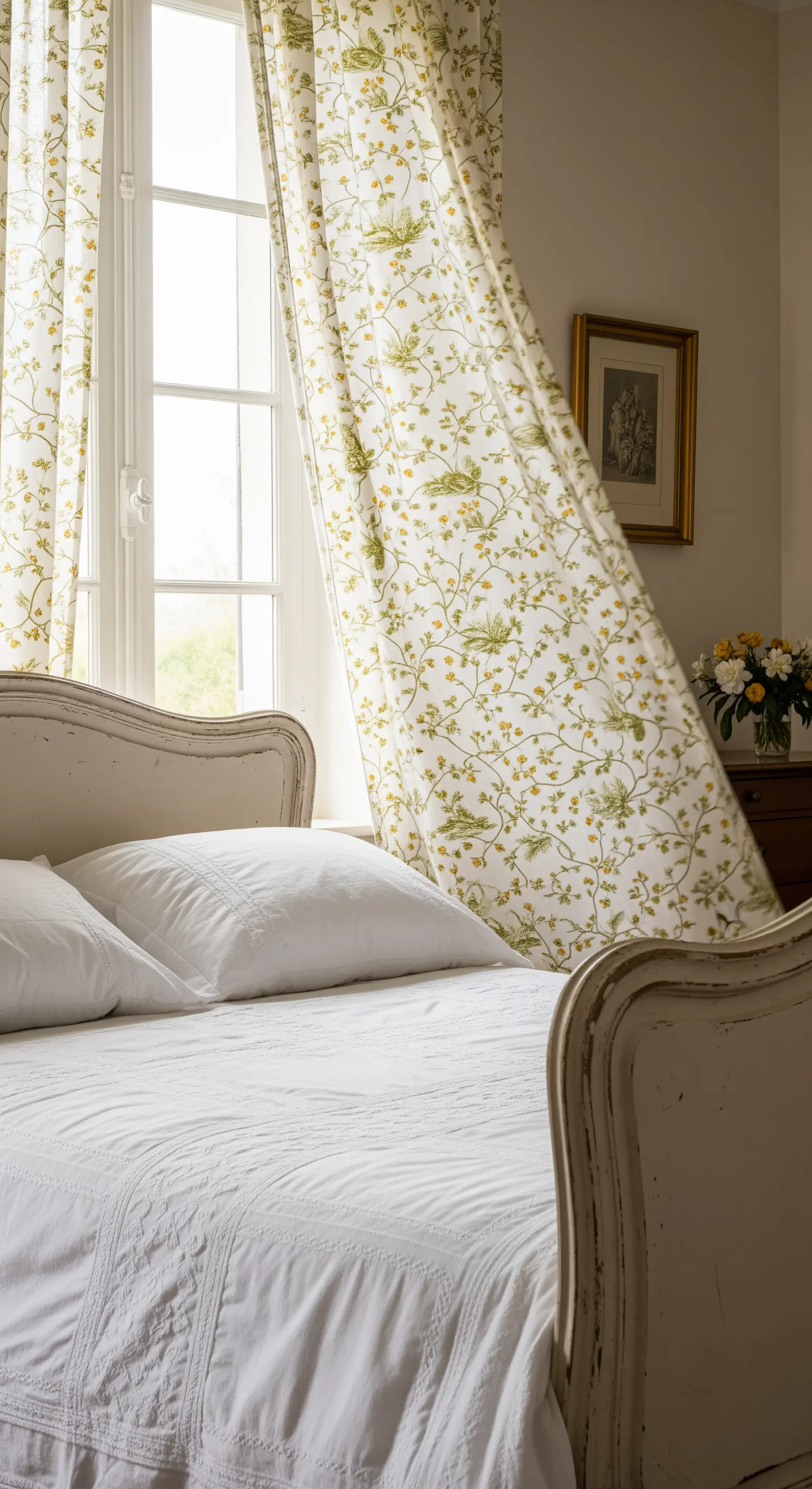 Tende con motivo floreale senape e verde mosse dal vento in una camera da letto romantica.