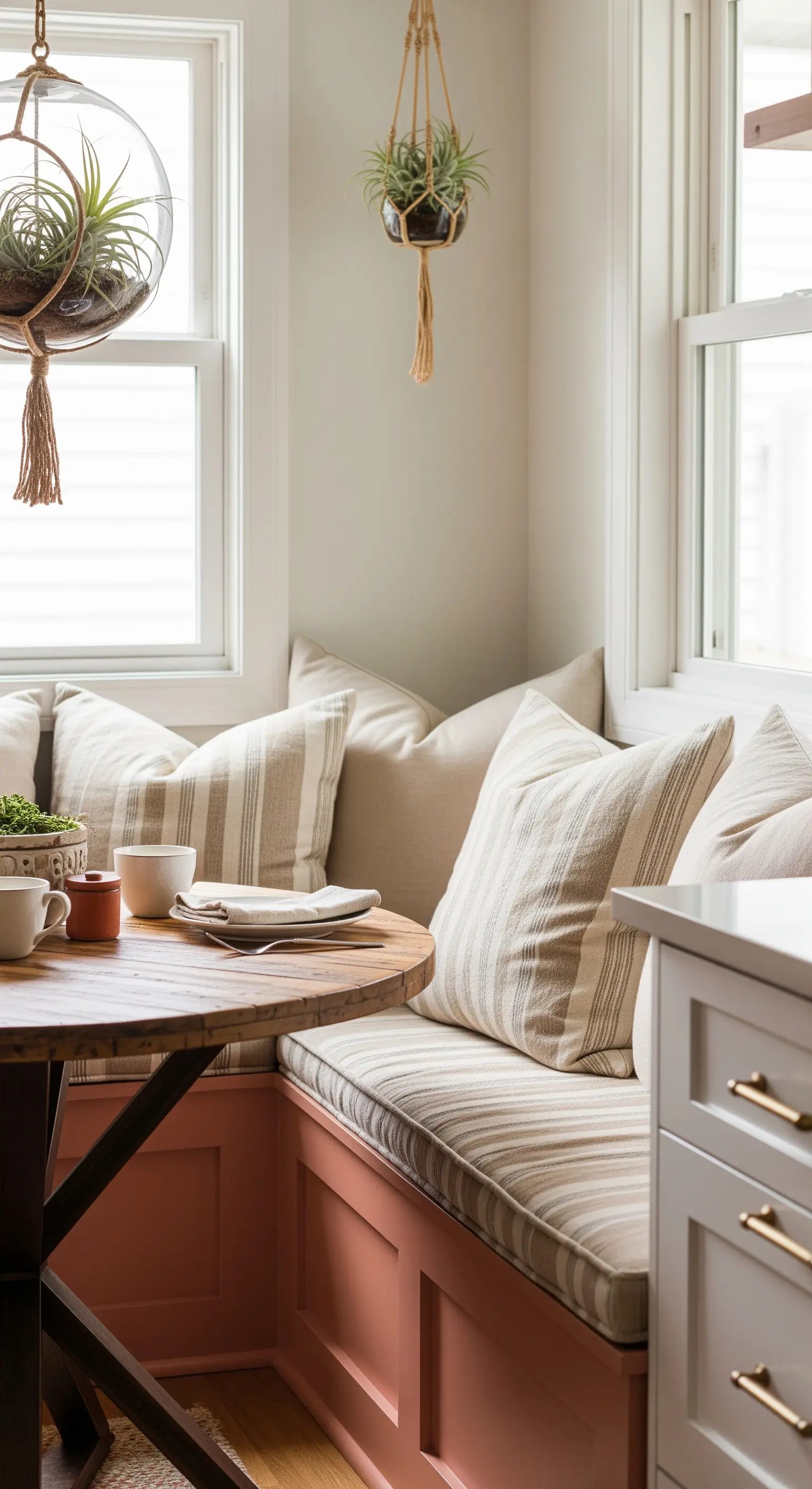 Angolo colazione con panca dipinta color terracotta e cuscini a righe beige.