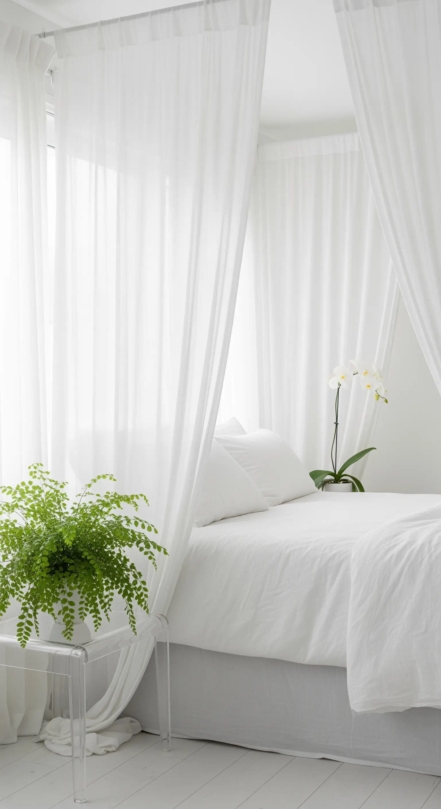 Camera da letto eterea tutta bianca con una delicata felce su un comodino in plexiglass.