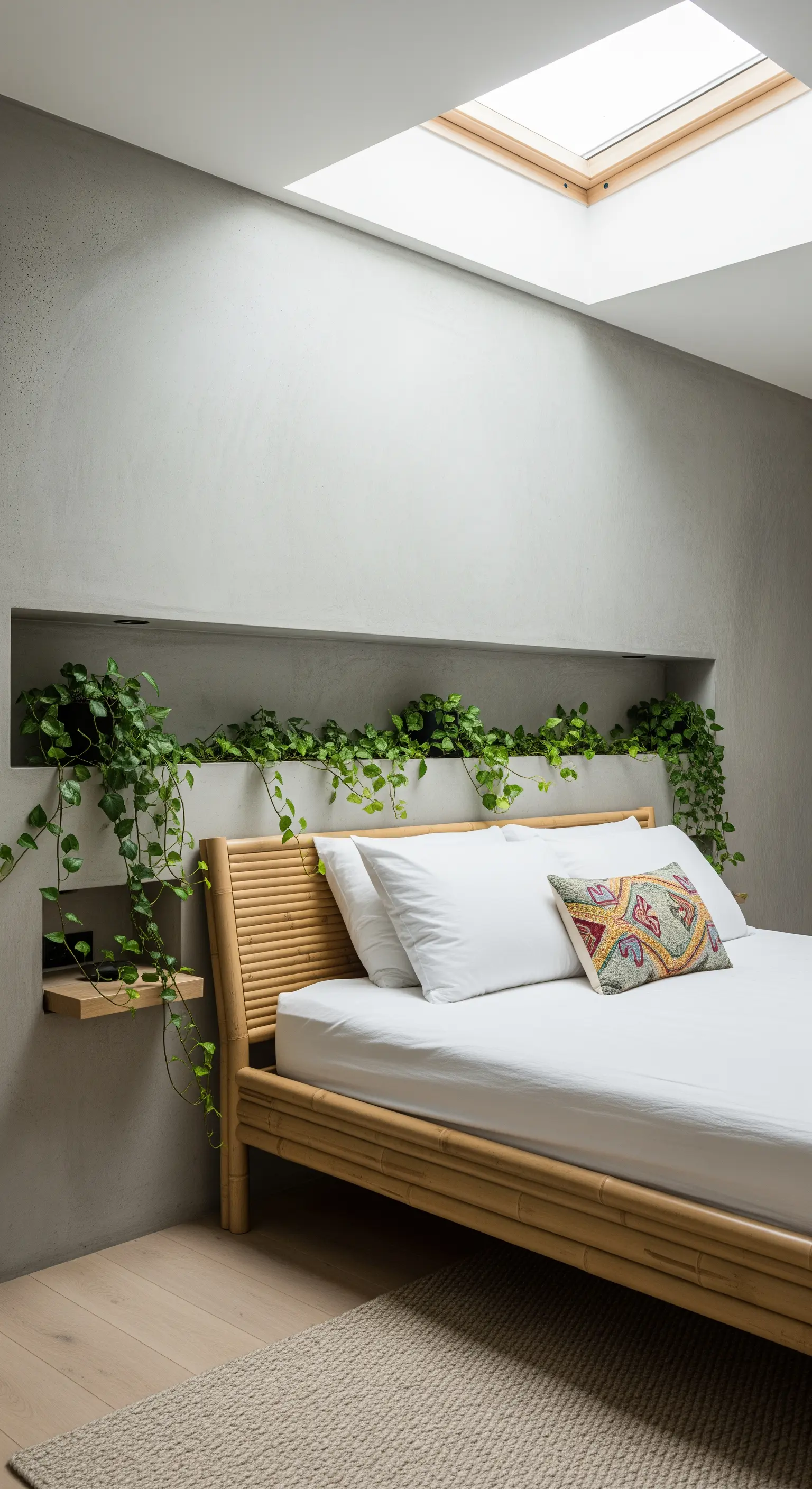 Nicchia orizzontale sopra un letto in bambù, riempita di piante verdi ricadenti.