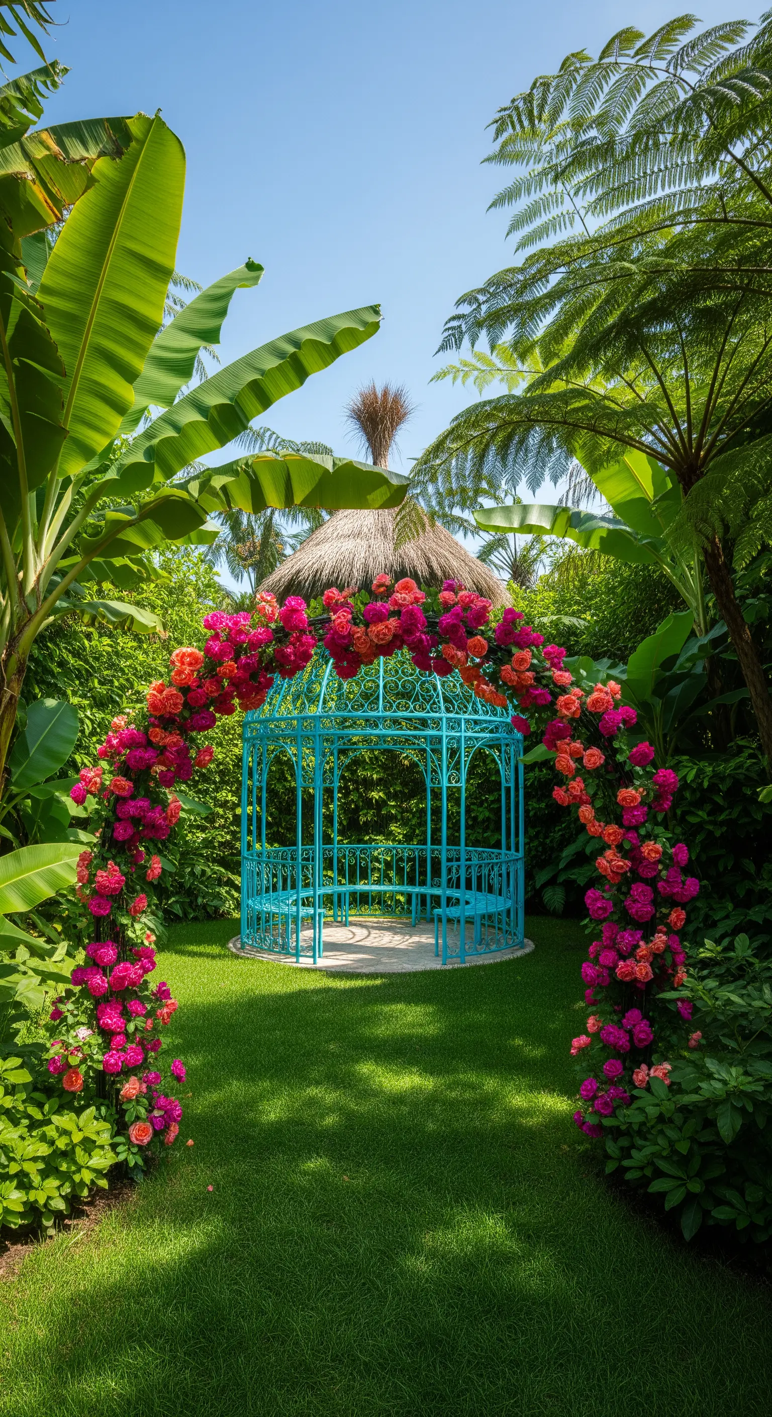 Gazebo turchese circondato da piante tropicali e decorato con un arco di rose fucsia e arancio.