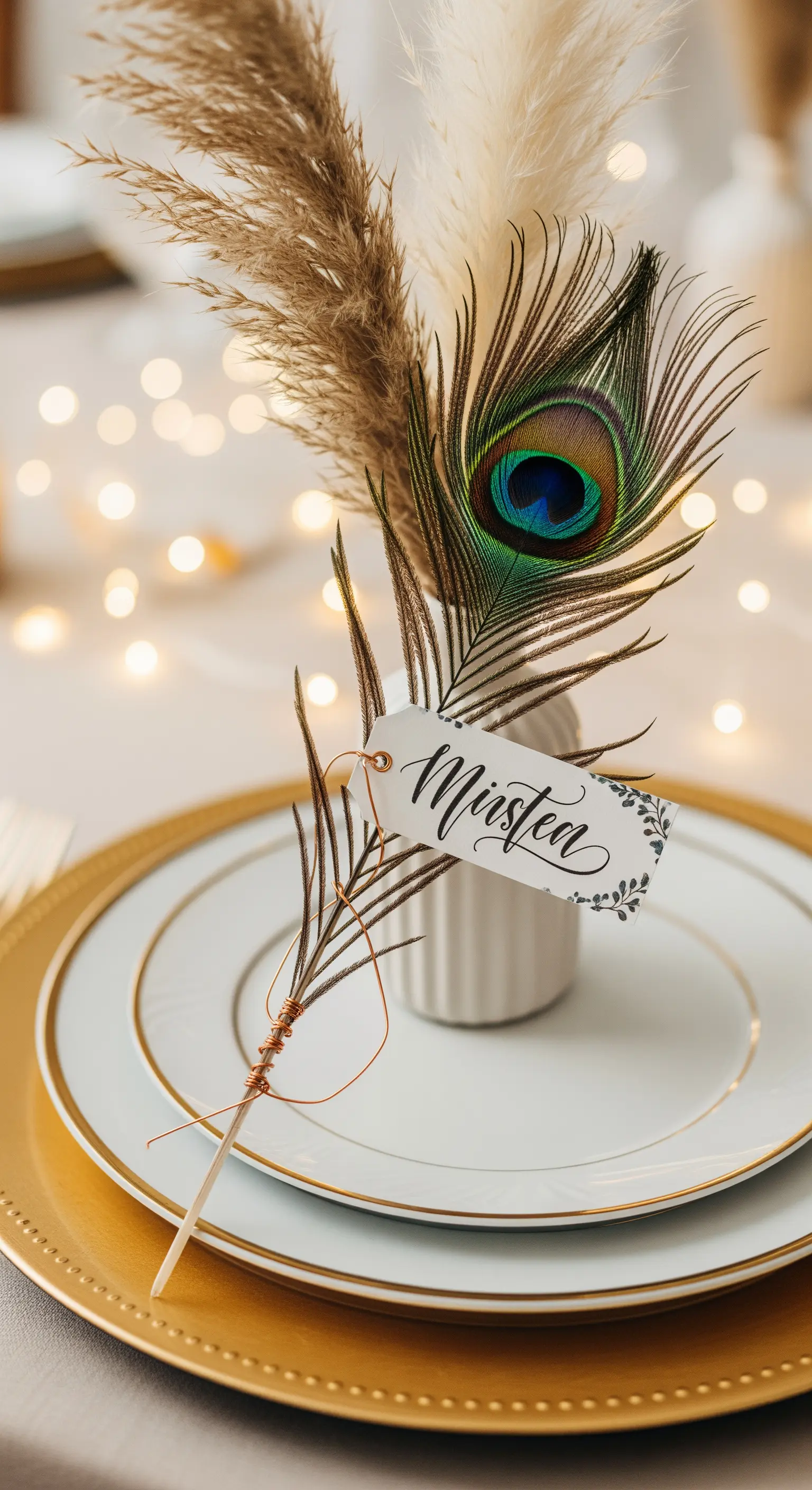 Piuma di pavone e erbe secche in un vasetto con etichetta calligrafica.