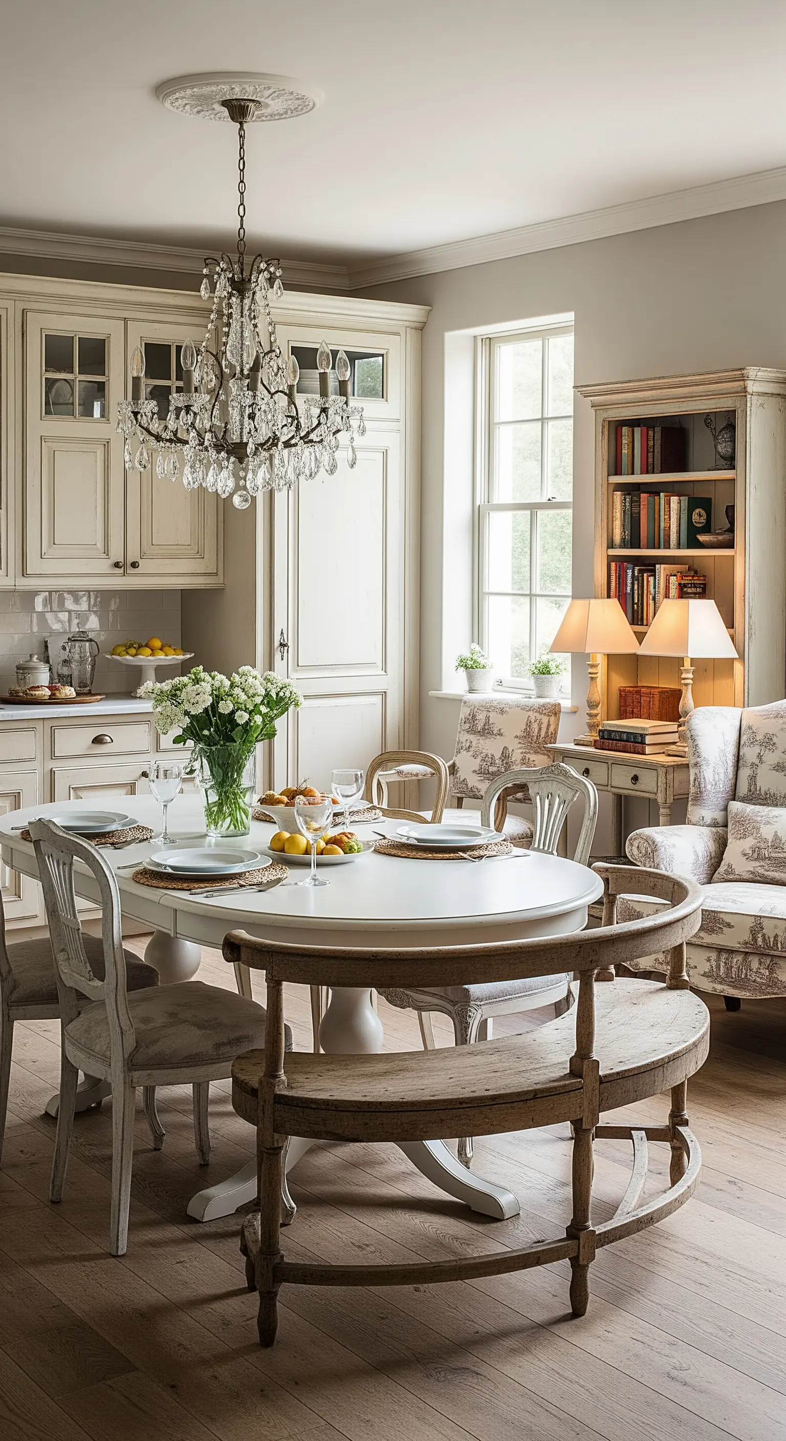 Cucina color crema con tavolo rotondo, panca curva in legno e lampadario di cristallo.