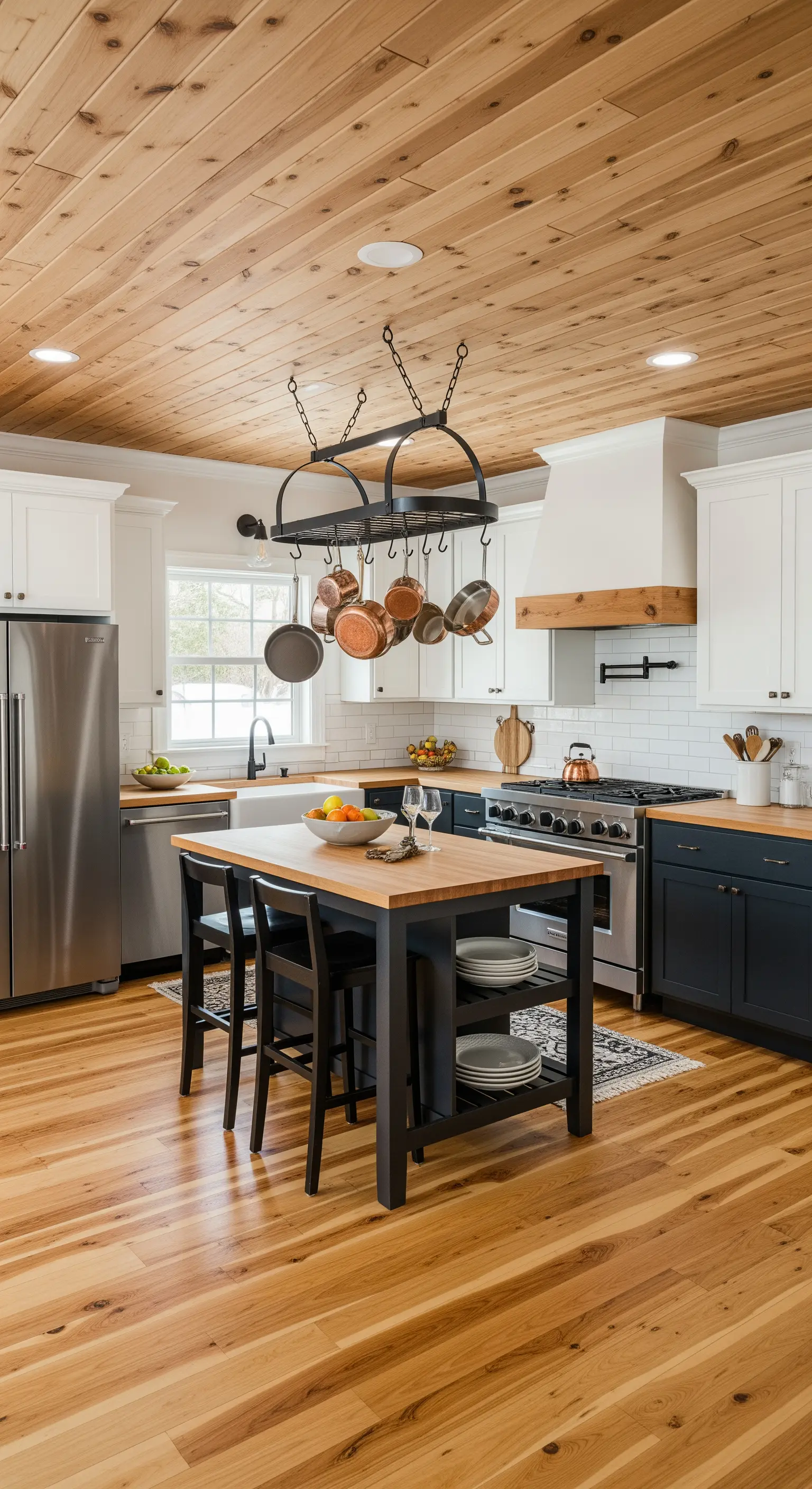 Cucina con isola nera e top in legno sormontata da una griglia portapentole in metallo.