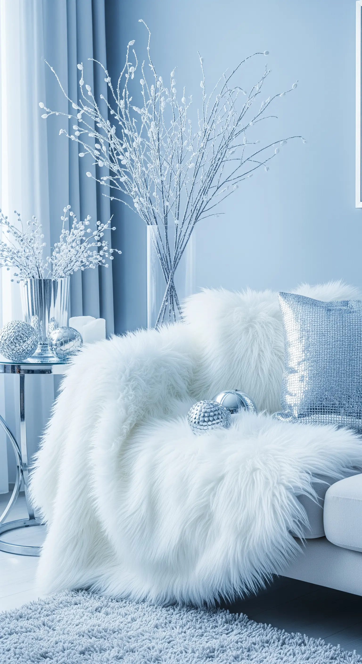 Divano decorato con una coperta di pelliccia bianca e cuscini argentati in un ambiente azzurro.