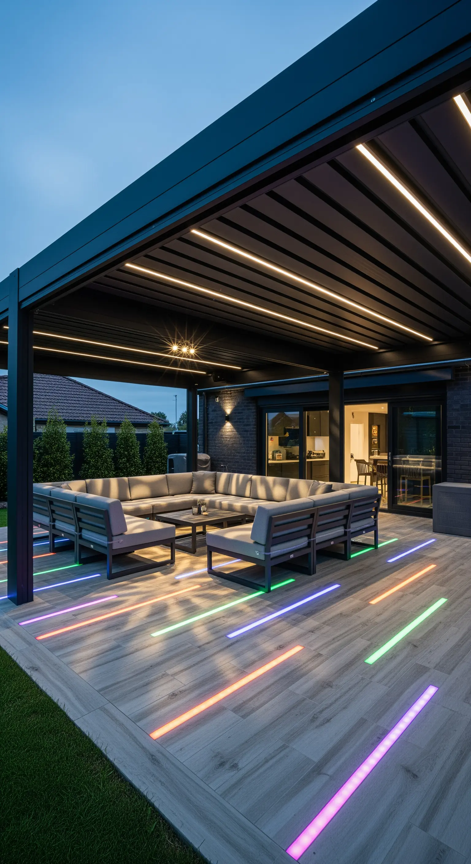 Patio sotto una pergola moderna con barre LED colorate incassate nel pavimento in legno.