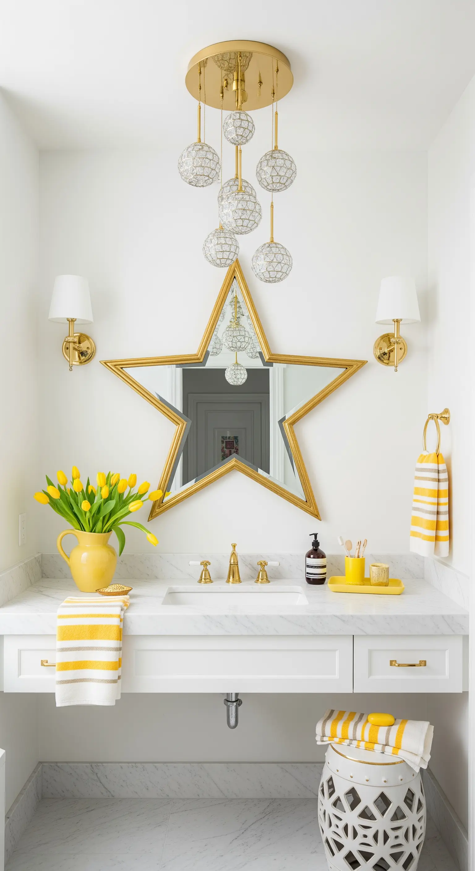Bagno bianco e luminoso con specchio a forma di stella dorata e vivaci accenti di colore giallo.