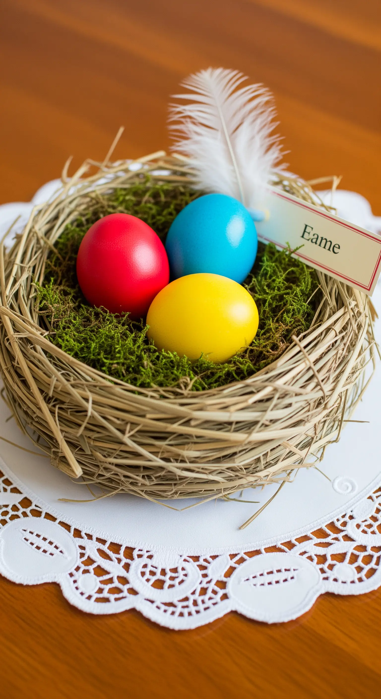 Nido con uova nei colori primari (rosso, giallo, blu) su un centrino.