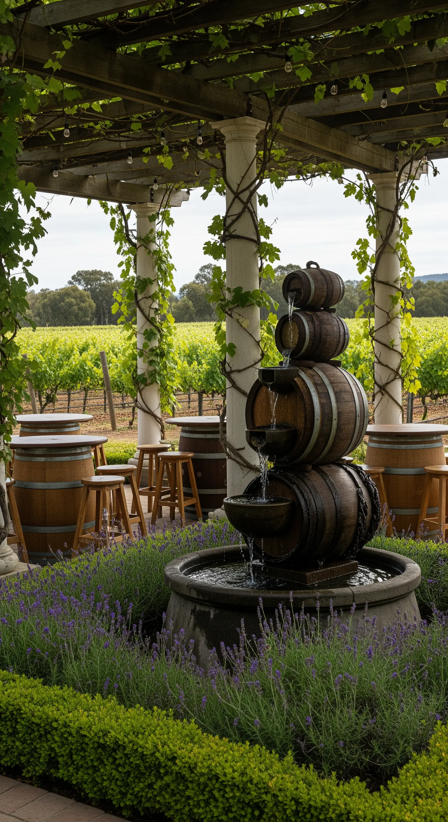 Fontana realizzata con botti di vino in un patio con vista su un vigneto.