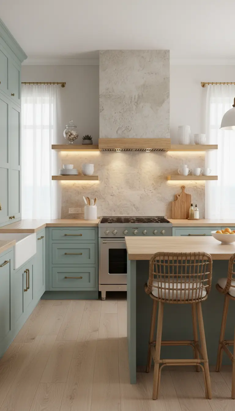 Cucina verde salvia con mensole in legno illuminate da LED e cappa effetto cemento.