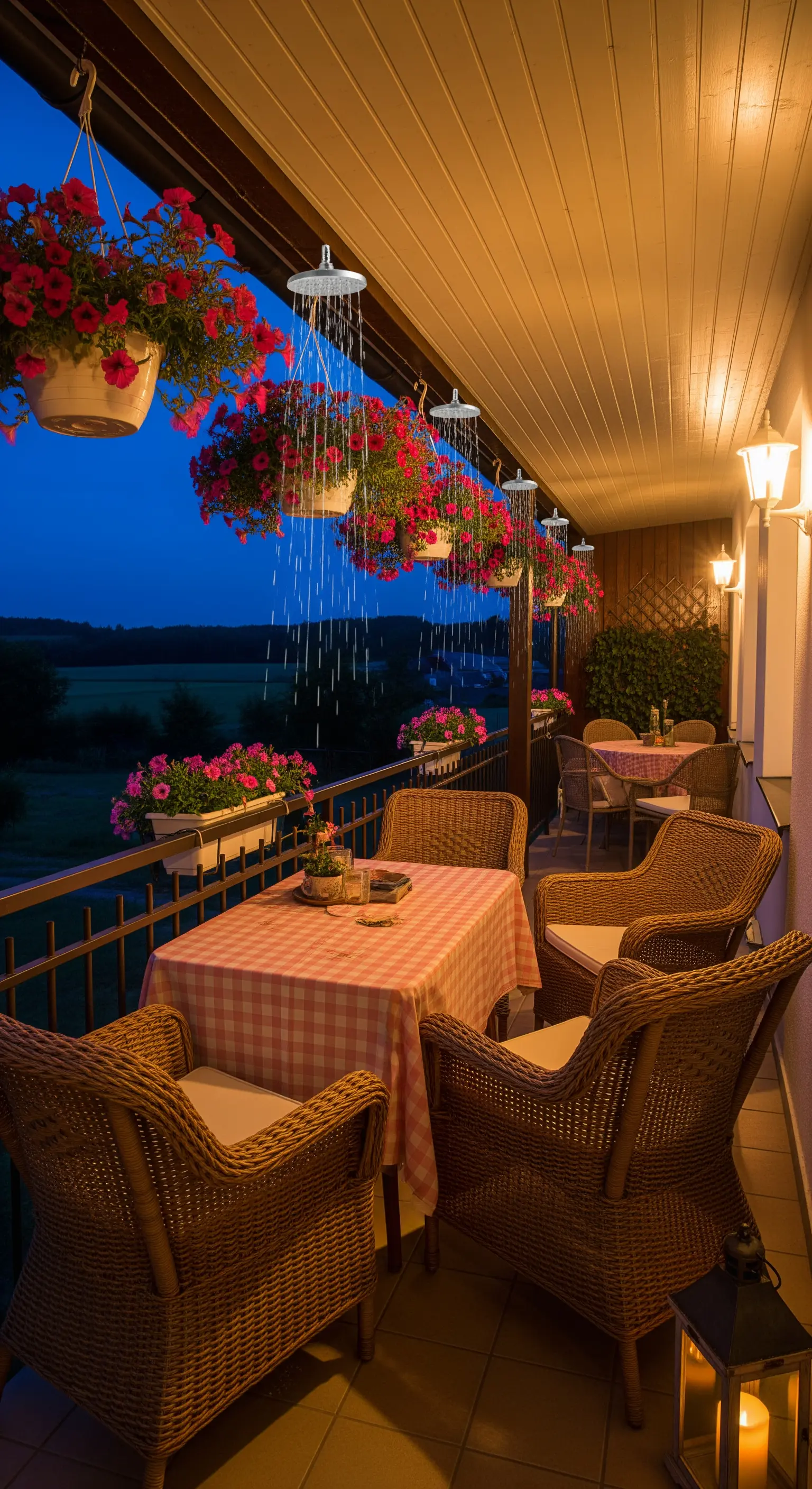 Balcone con vasi di fiori appesi da cui escono luci a LED blu che simulano l'acqua di una doccia
