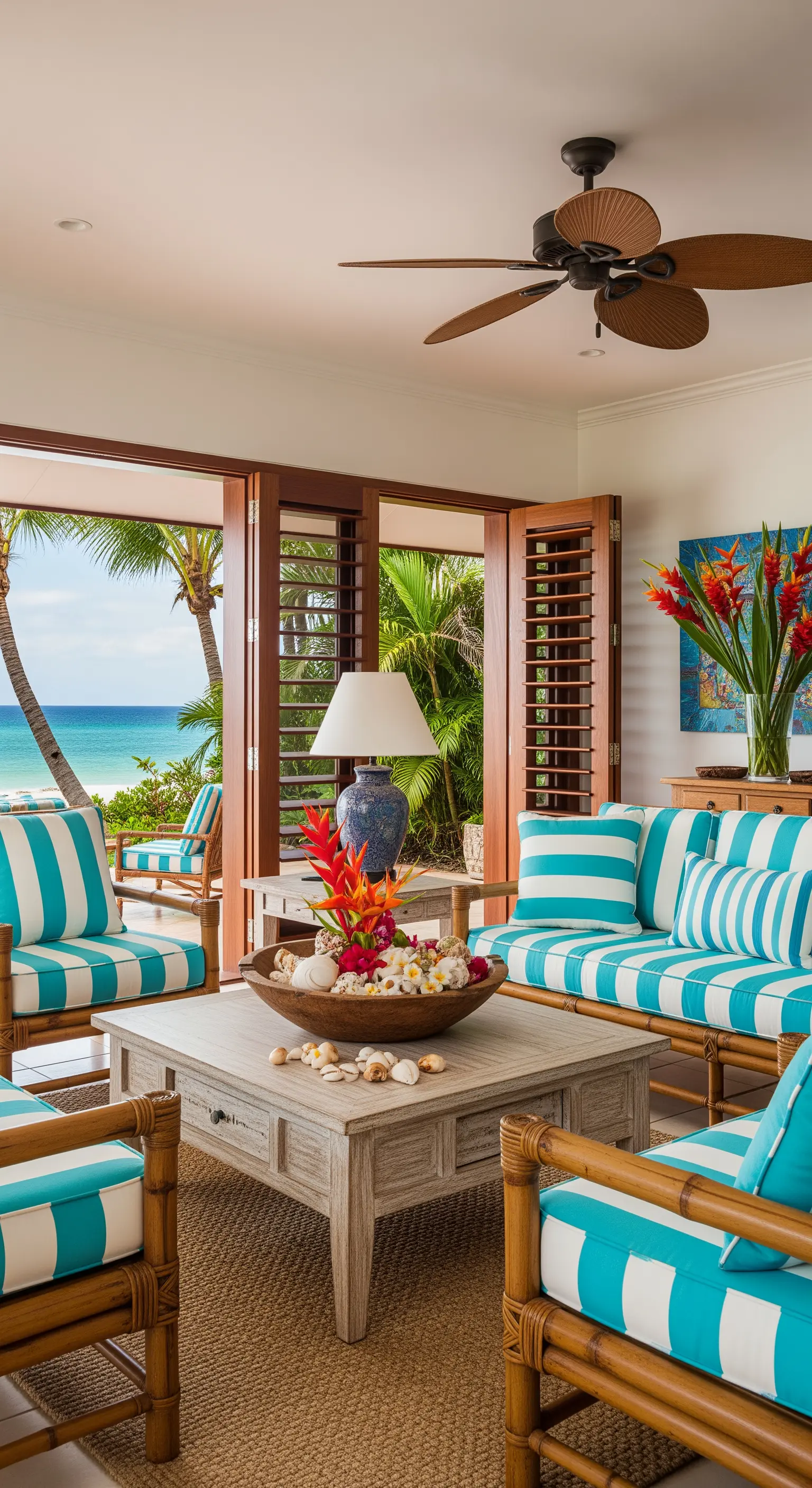 Salotto con mobili in bambù, cuscini a righe turchesi e vista sulla spiaggia.