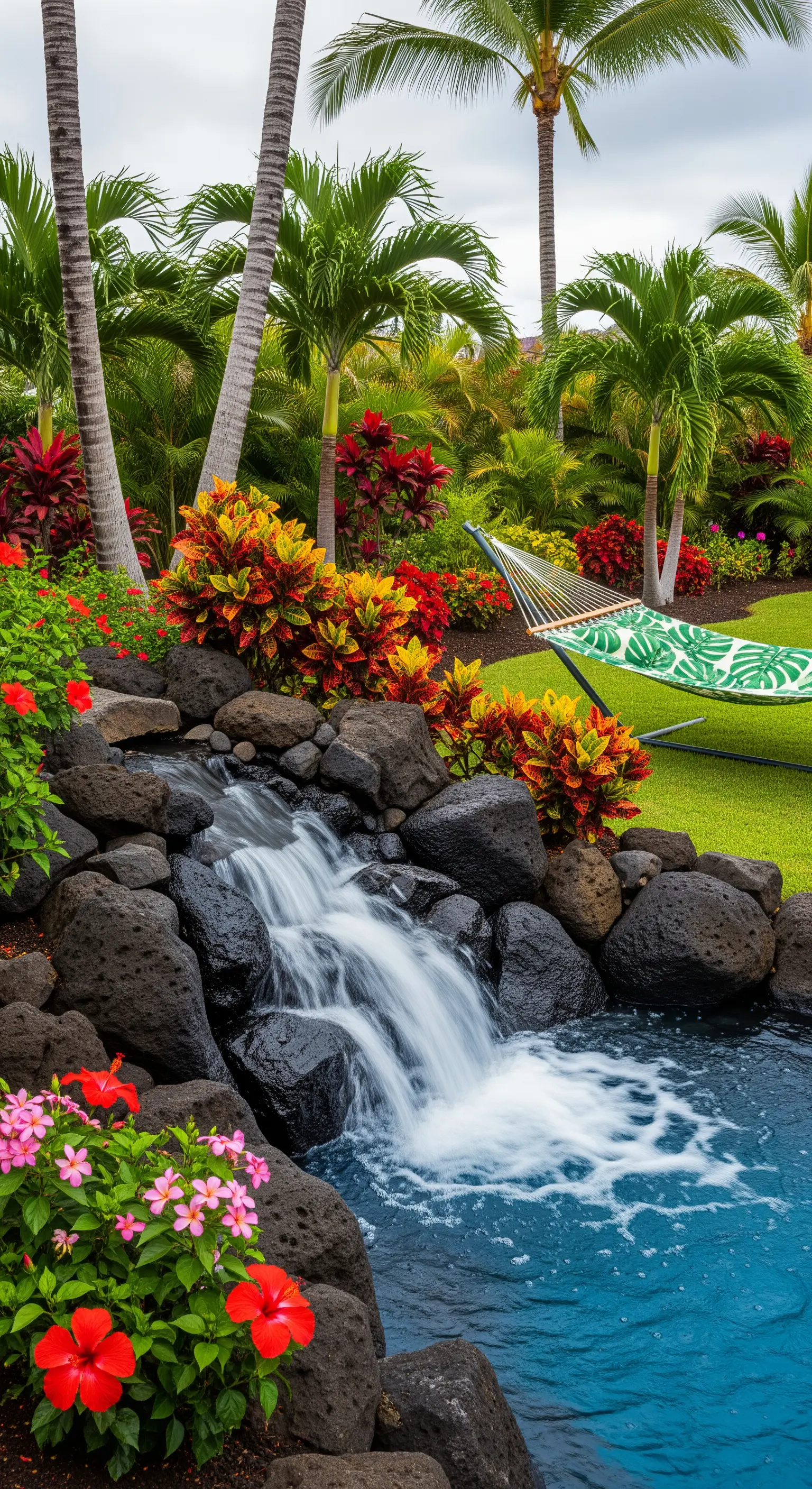 Piccola cascata tra rocce scure che sfocia in una piscina, circondata da fiori tropicali e un'amaca