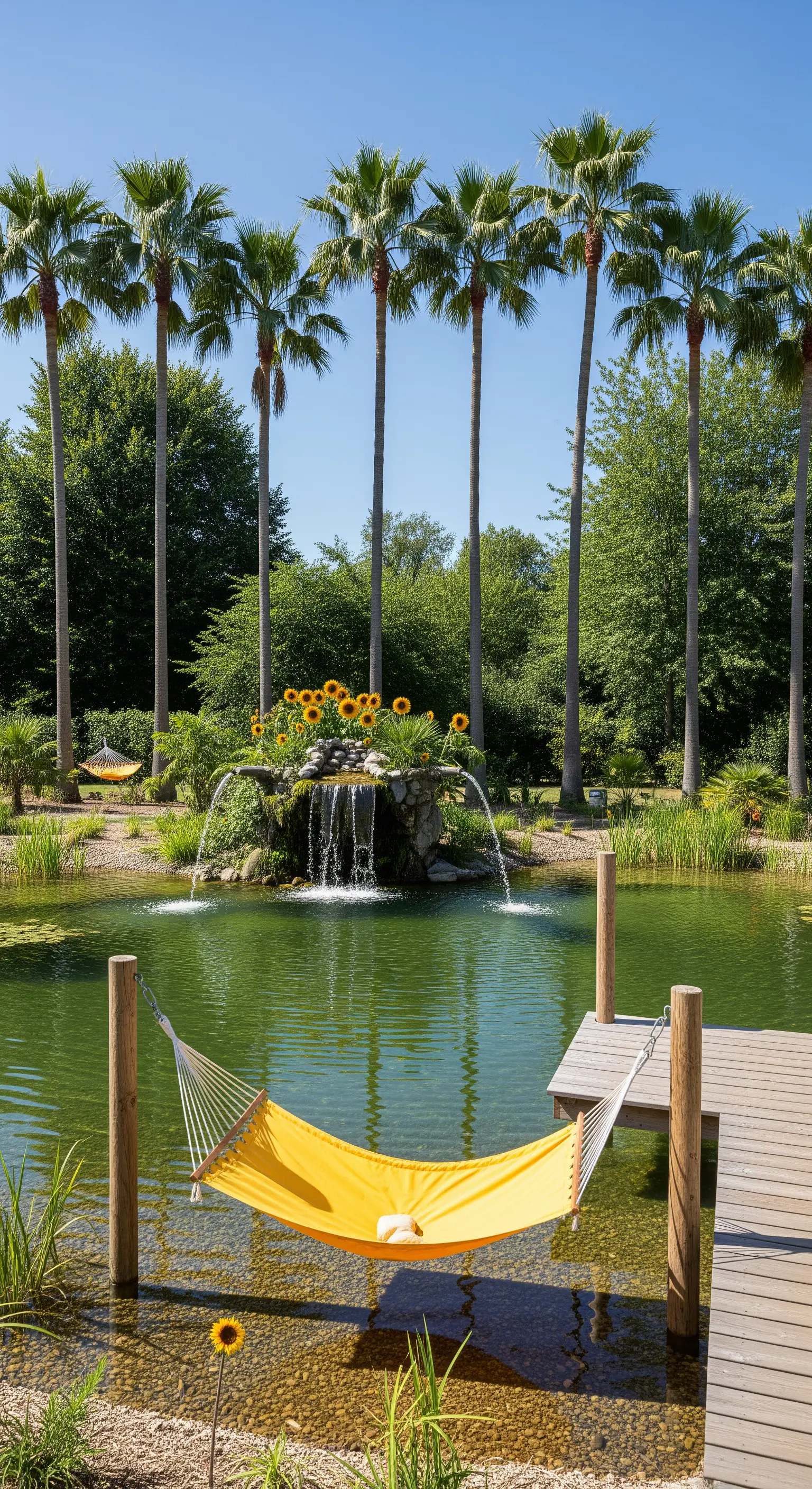 Amaca gialla sospesa su un laghetto con una fontana, circondato da un prato e alte palme