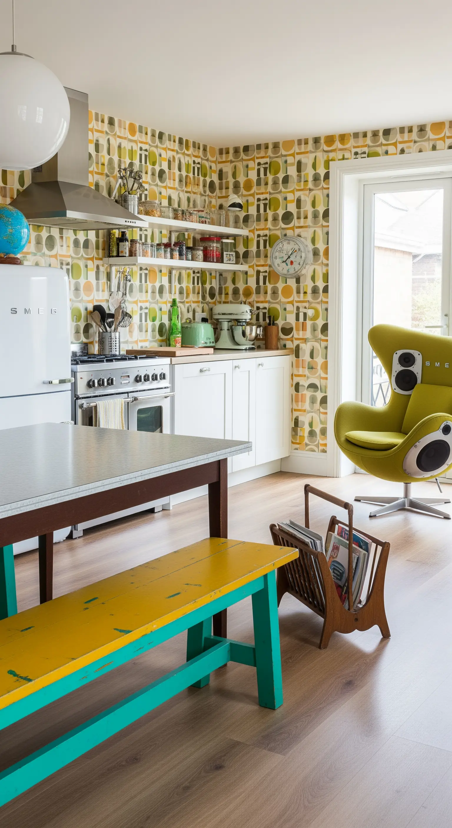 Cucina in stile anni '70 con carta da parati a motivi, panca gialla e poltrona verde.