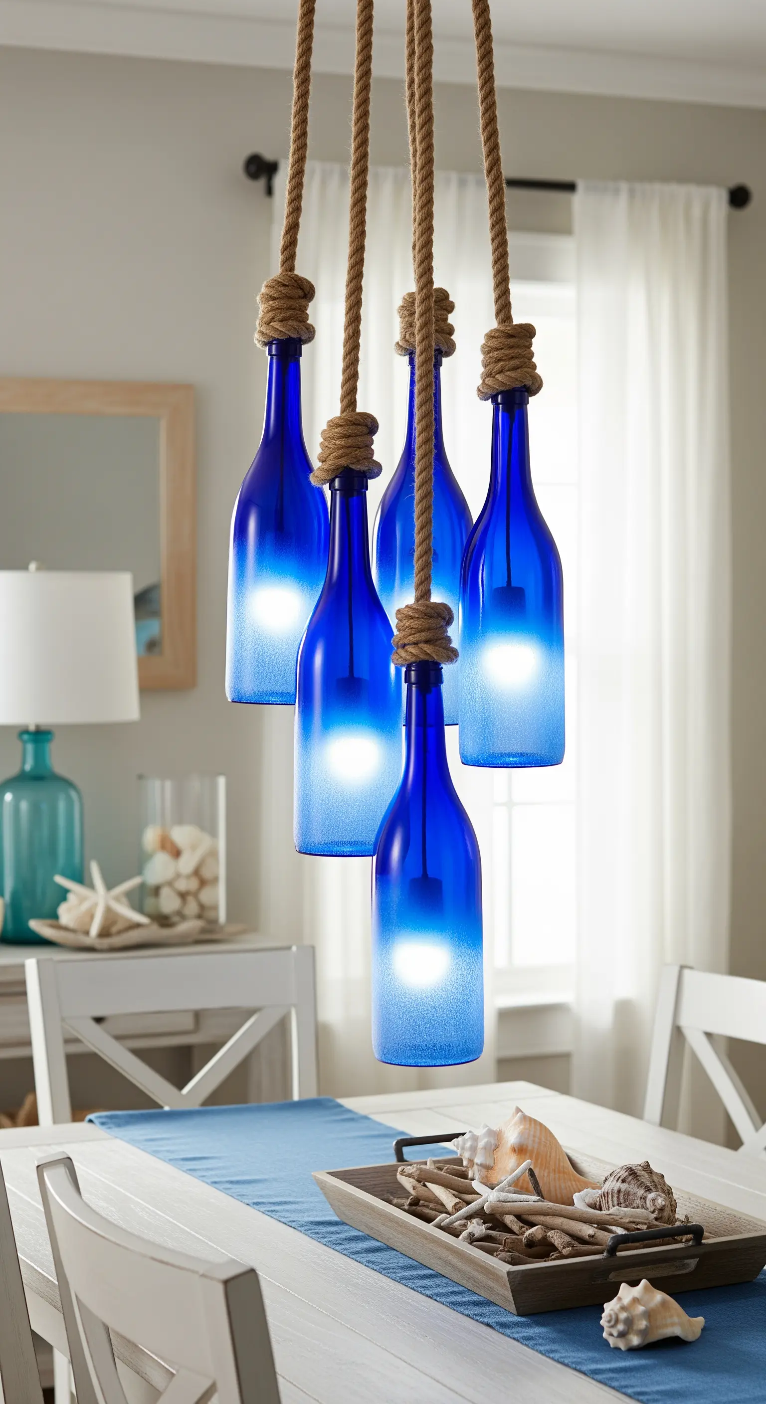 Lampadario in stile costiero con cinque bottiglie di vetro blu e corde di iuta.