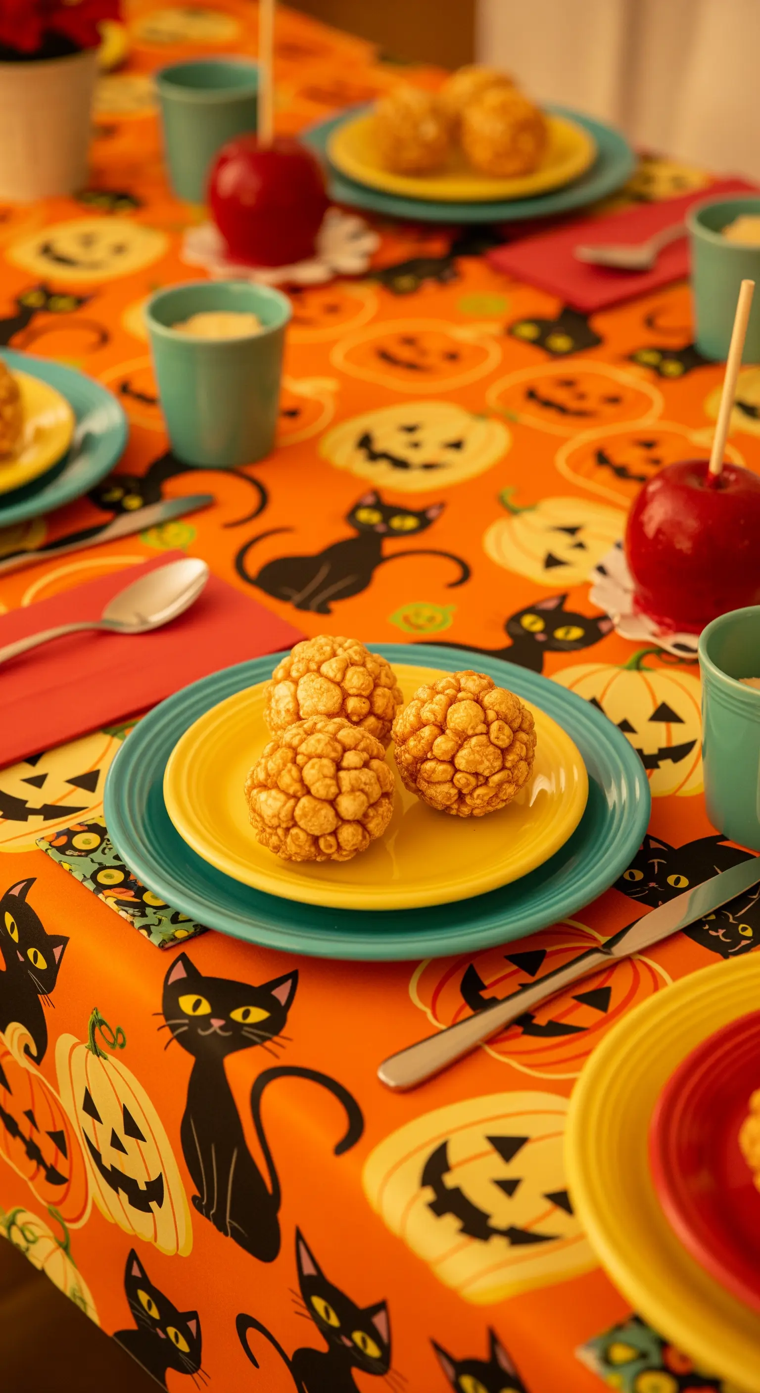 Tovaglia di Halloween con pattern vintage di gatti neri e zucche intagliate.