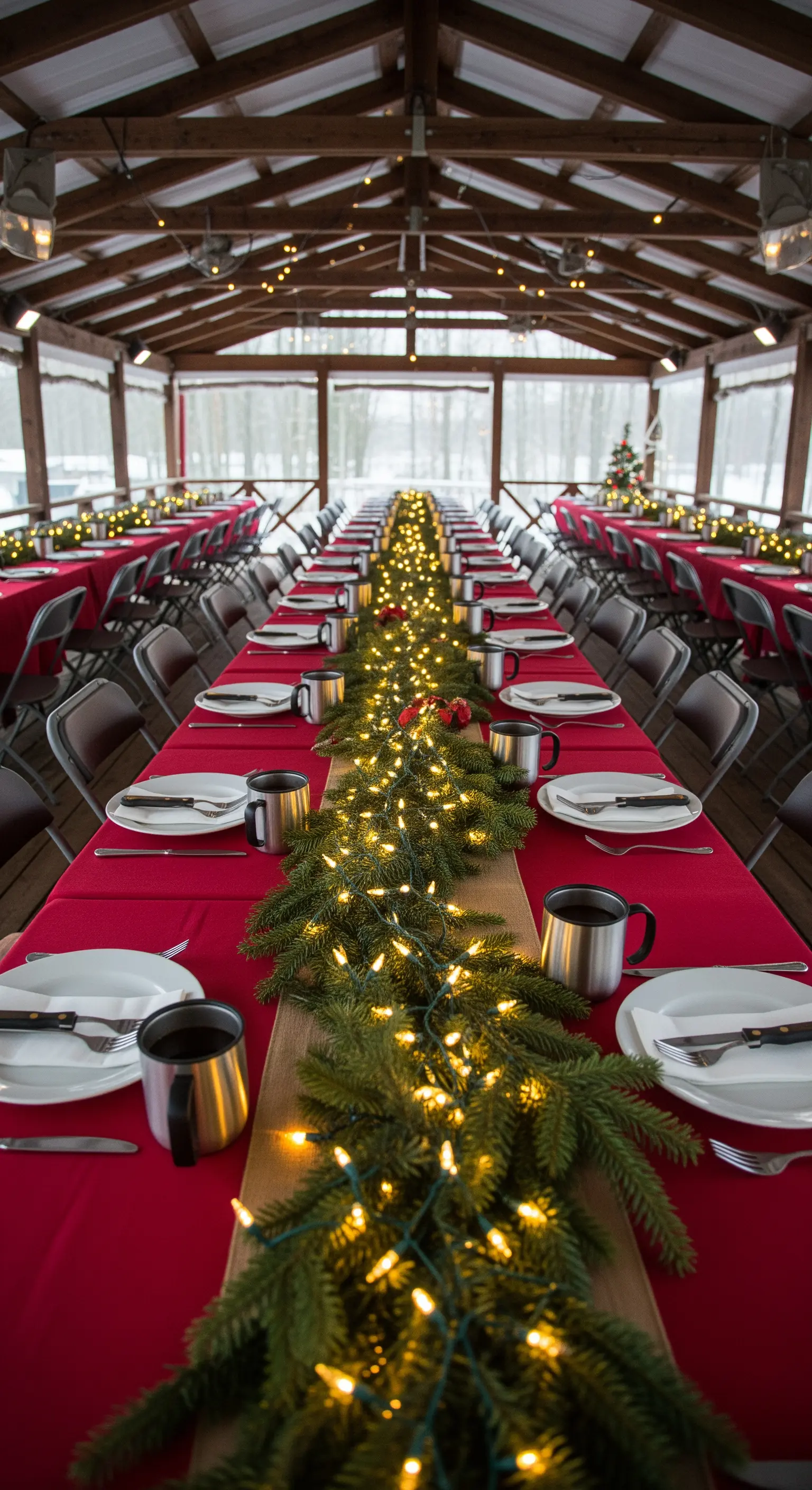 Lunga tavola con runner di pino e una cascata di lucine calde.