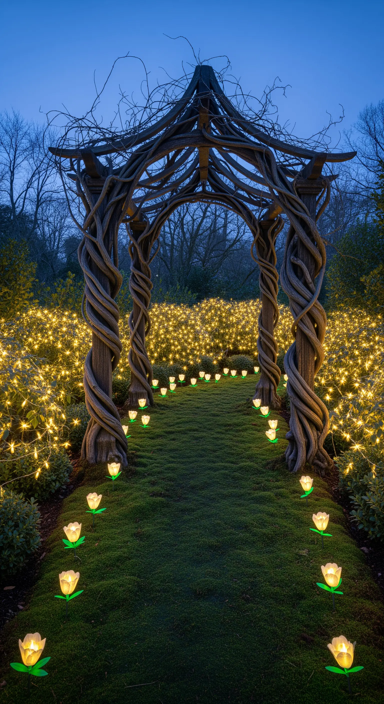 Sentiero in un giardino notturno illuminato da migliaia di lucine led e piccole lampade a forma di fiore.