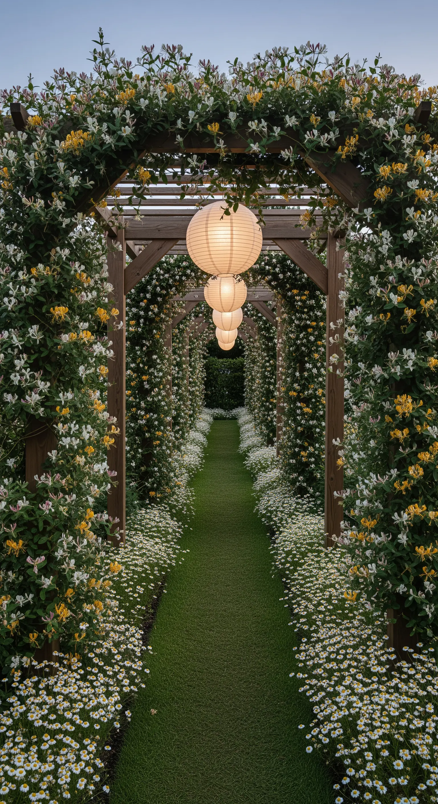 Lungo corridoio formato da archi in legno ricoperti di fiori, con lanterne di carta sospese all'interno.