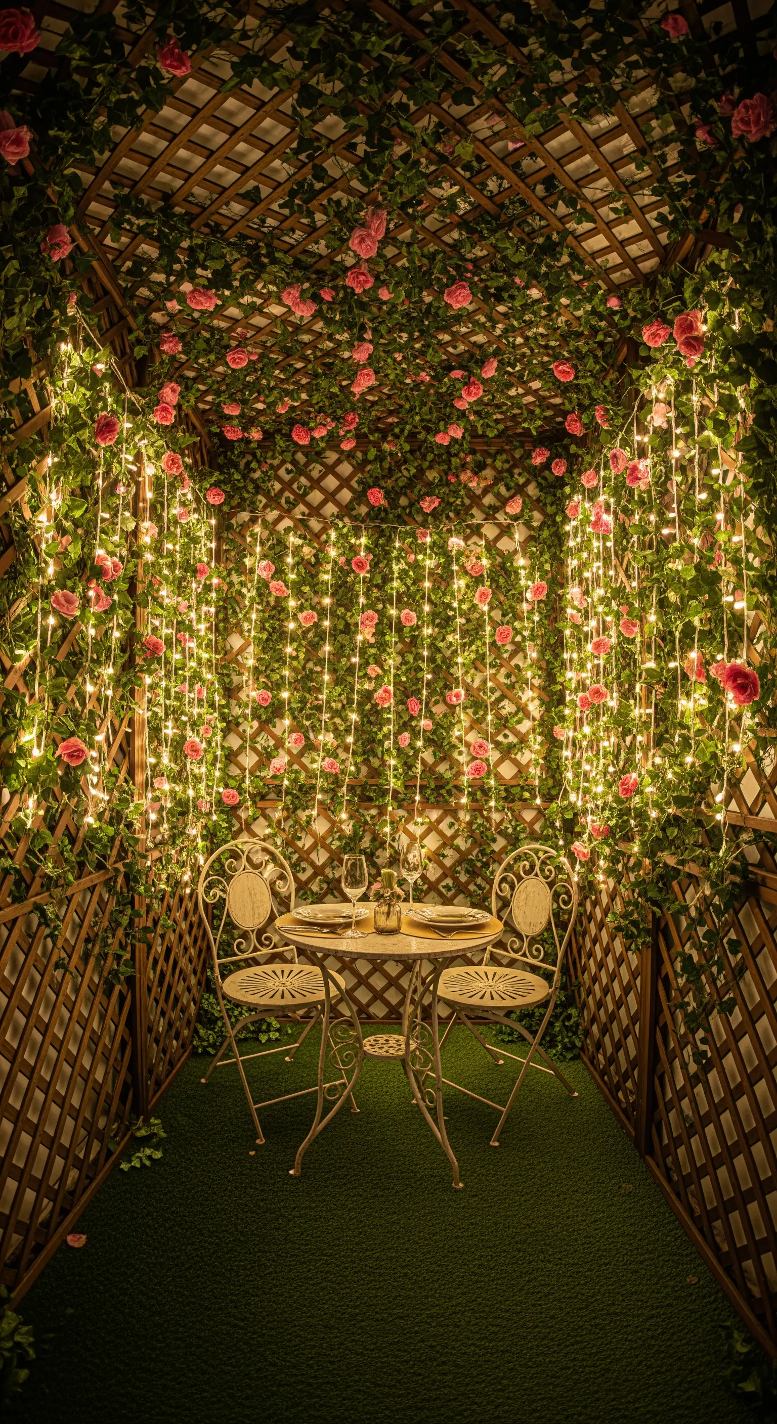 Piccolo patio trasformato in un tunnel di graticci ricoperto di rose e lucine, con un tavolo per due