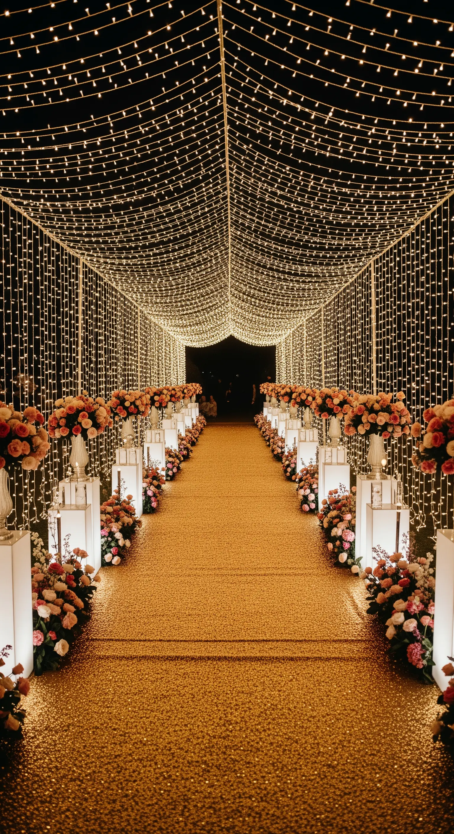 Tunnel d'ingresso interamente realizzato con cascate di lucine e un tappeto dorato.