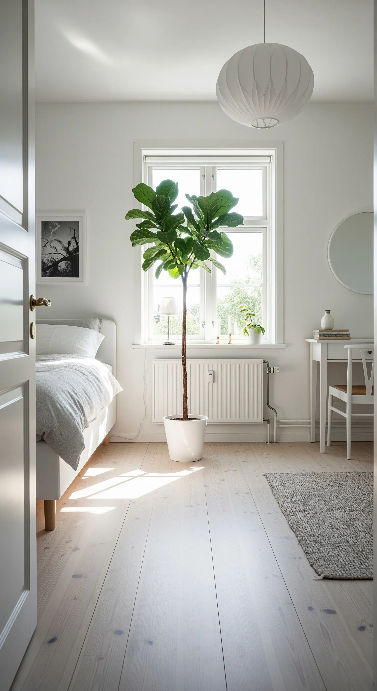 Camera da letto scandinava tutta bianca con un'alta pianta di Ficus Lyrata vicino alla finestra.