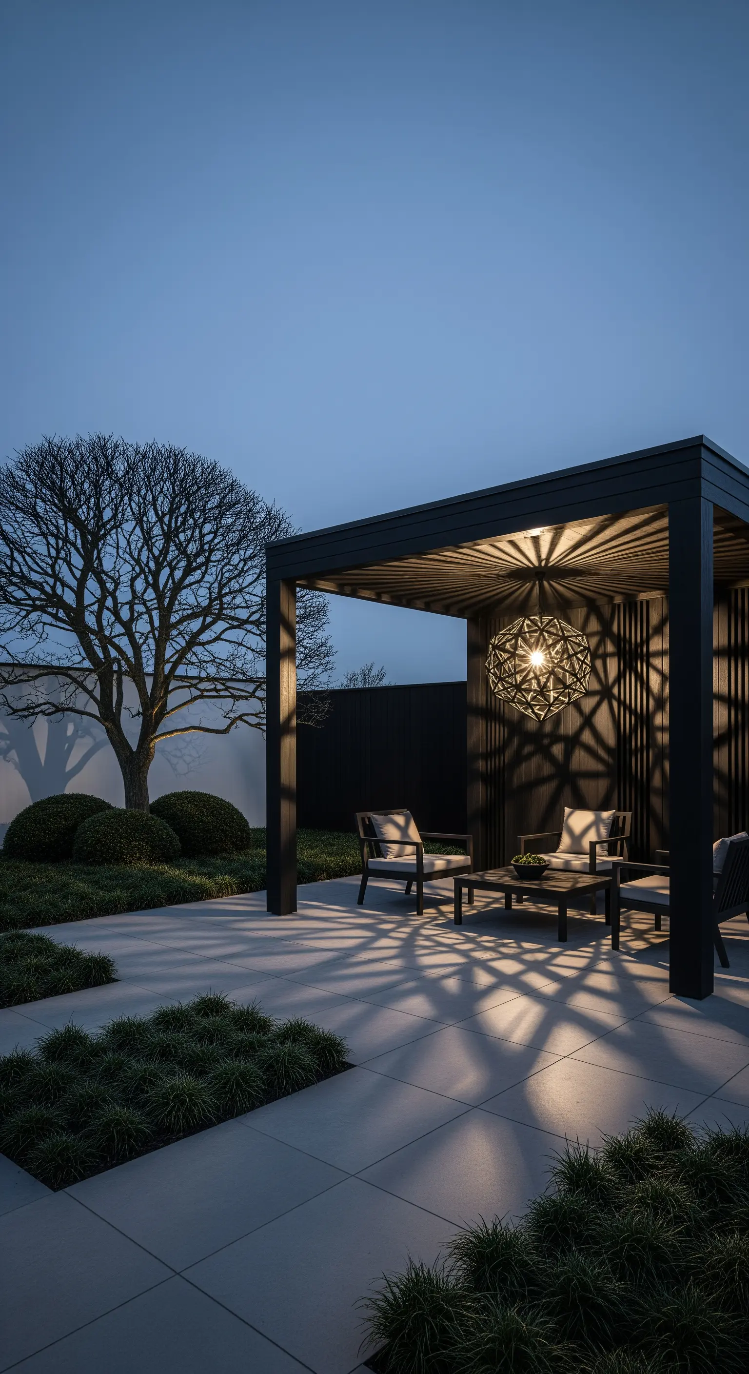 Gazebo moderno e minimale con una grande lampada a sospensione geometrica al centro.