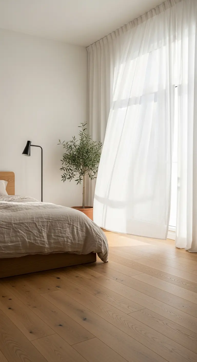 Camera da letto minimalista con parquet, letto in legno e una lunga tenda bianca che fluttua al vento.