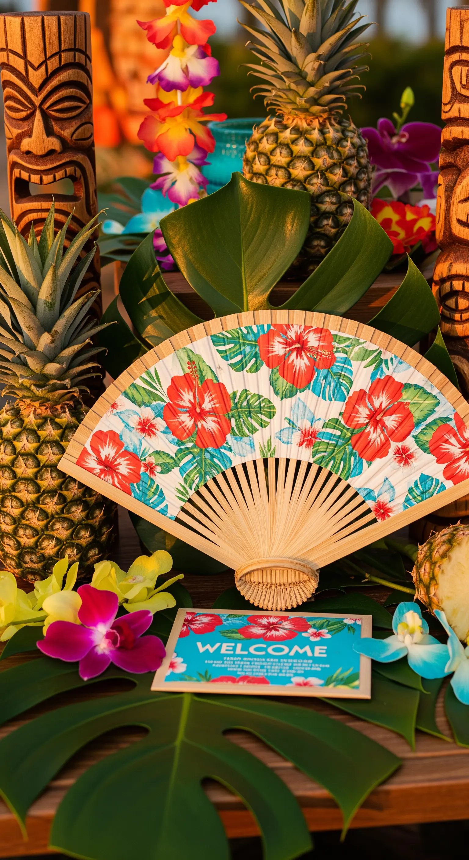 Invito a tema tropicale su un ventaglio con stampa di ibiscus, circondato da ananas e fiori.