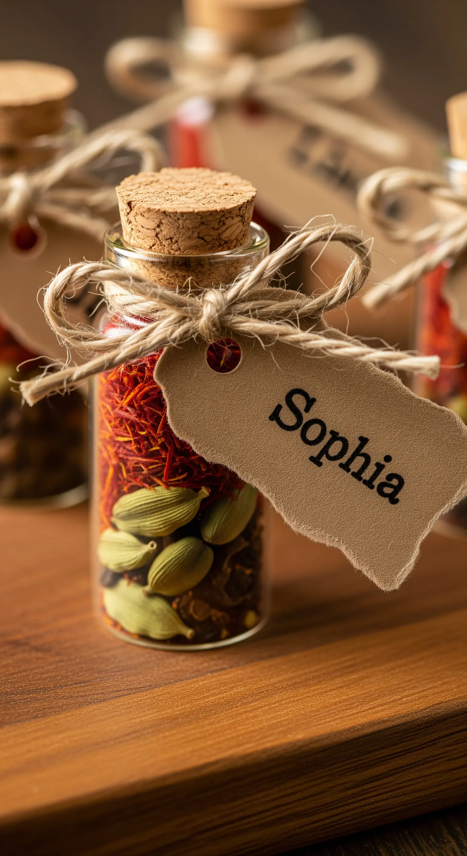 Fiala di vetro con spezie esotiche e cartellino con nome per segnaposto.