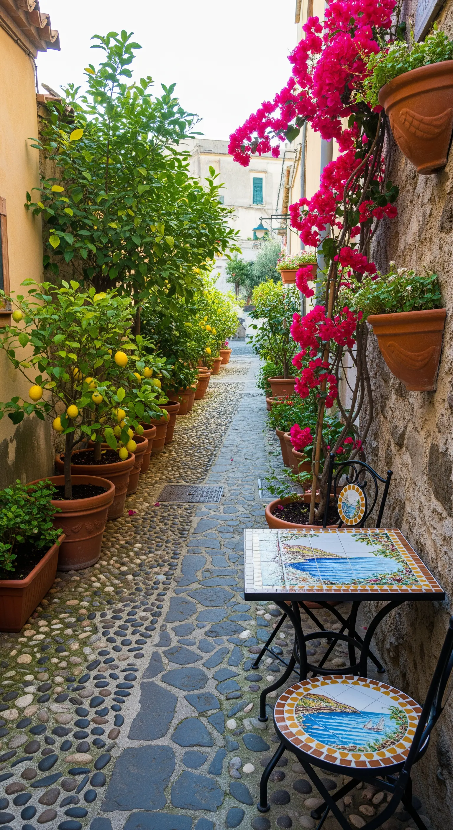 Vicolo con tavolino in mosaico, agrumi in vaso e bouganville su muro di pietra.