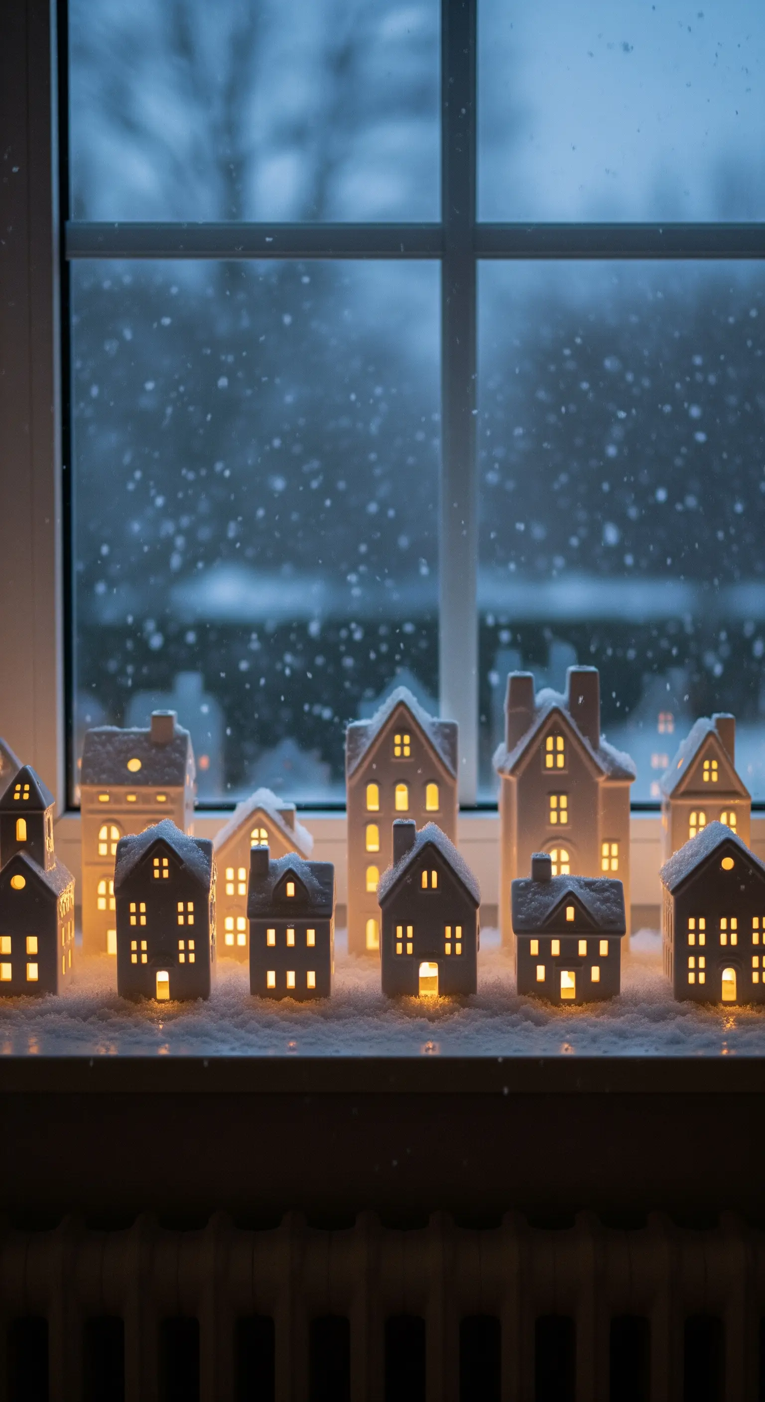 Villaggio natalizio in miniatura con casette di ceramica illuminate sul davanzale.
