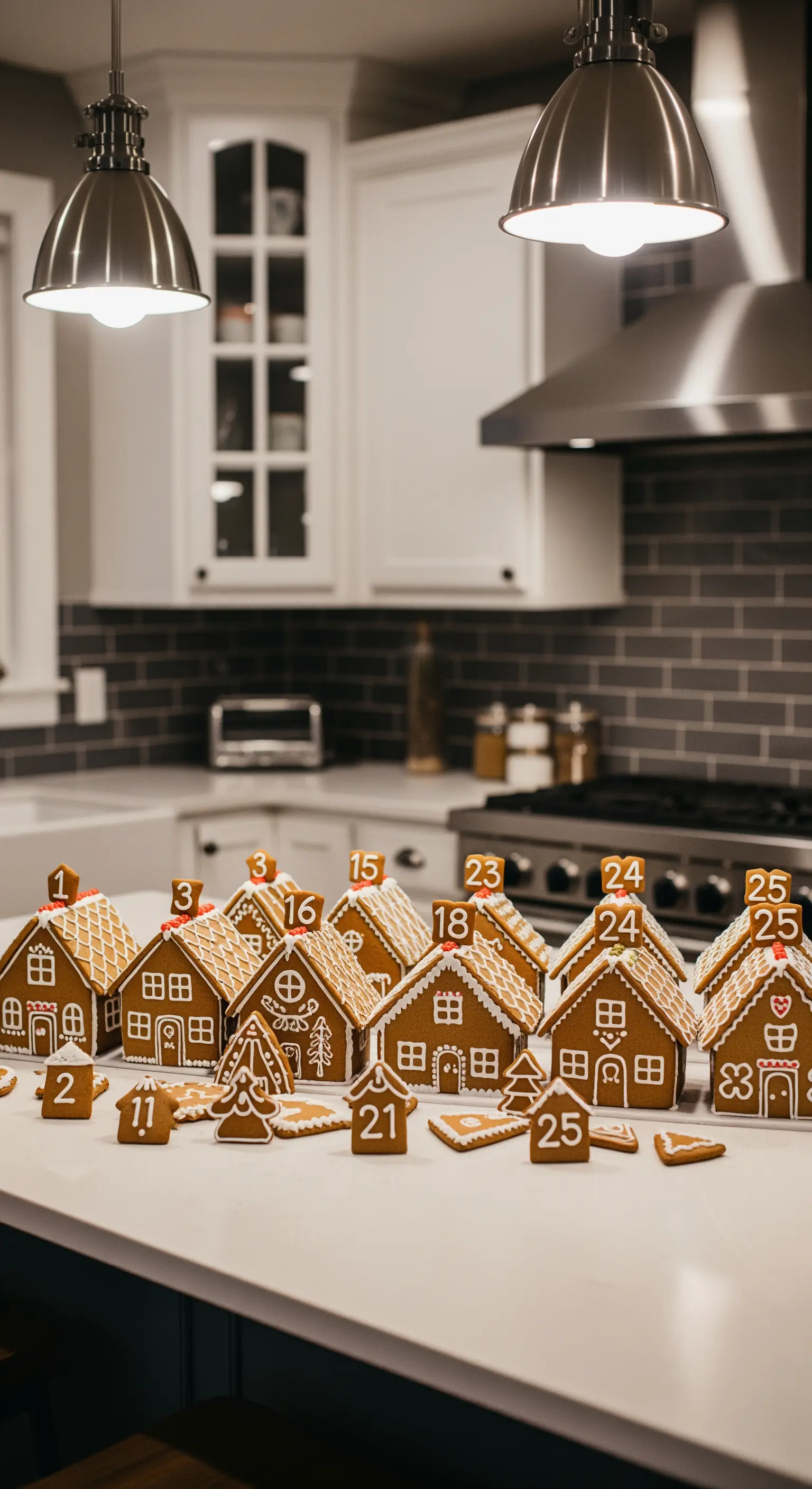 Villaggio di casette di pan di zenzero numerate su un'isola della cucina.
