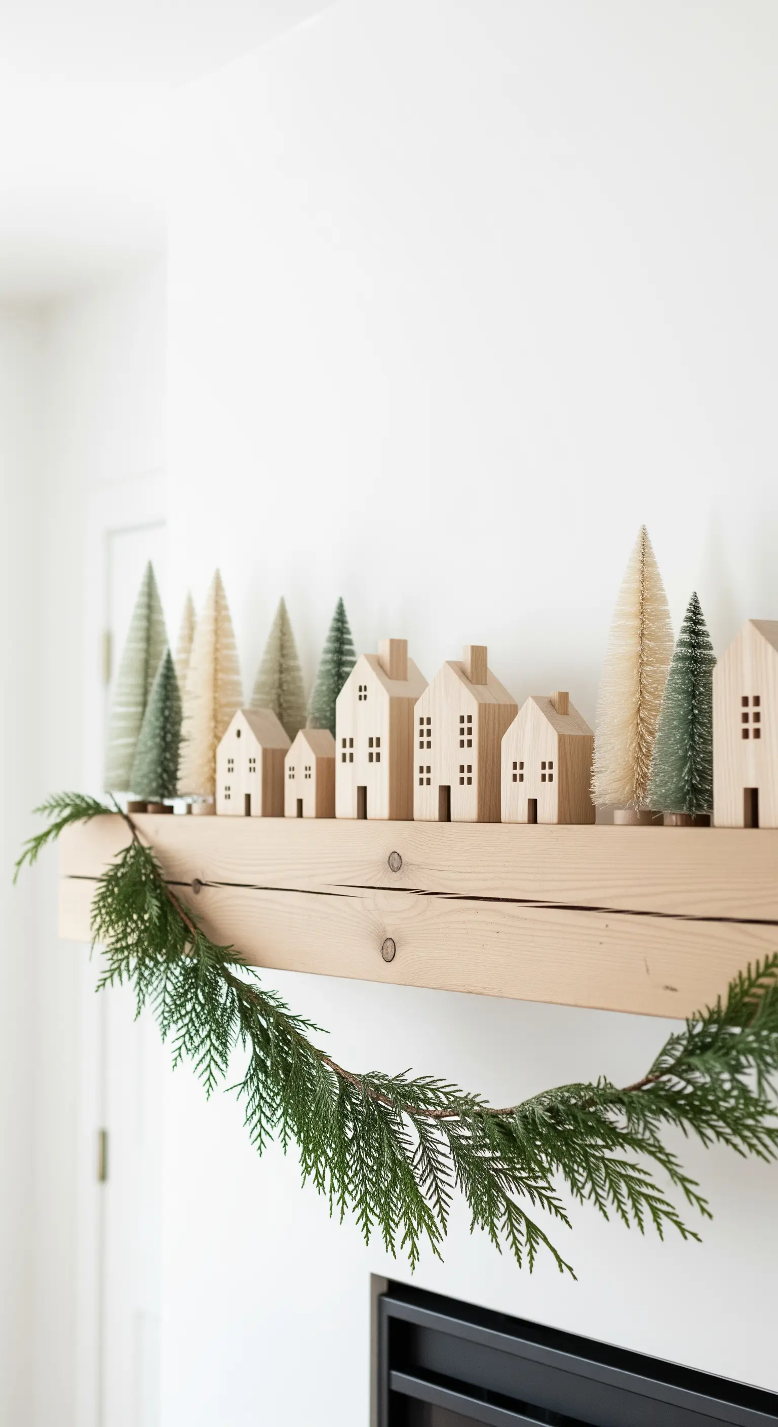 Mensola decorata con un villaggio di casette in legno e piccoli abeti stilizzati.