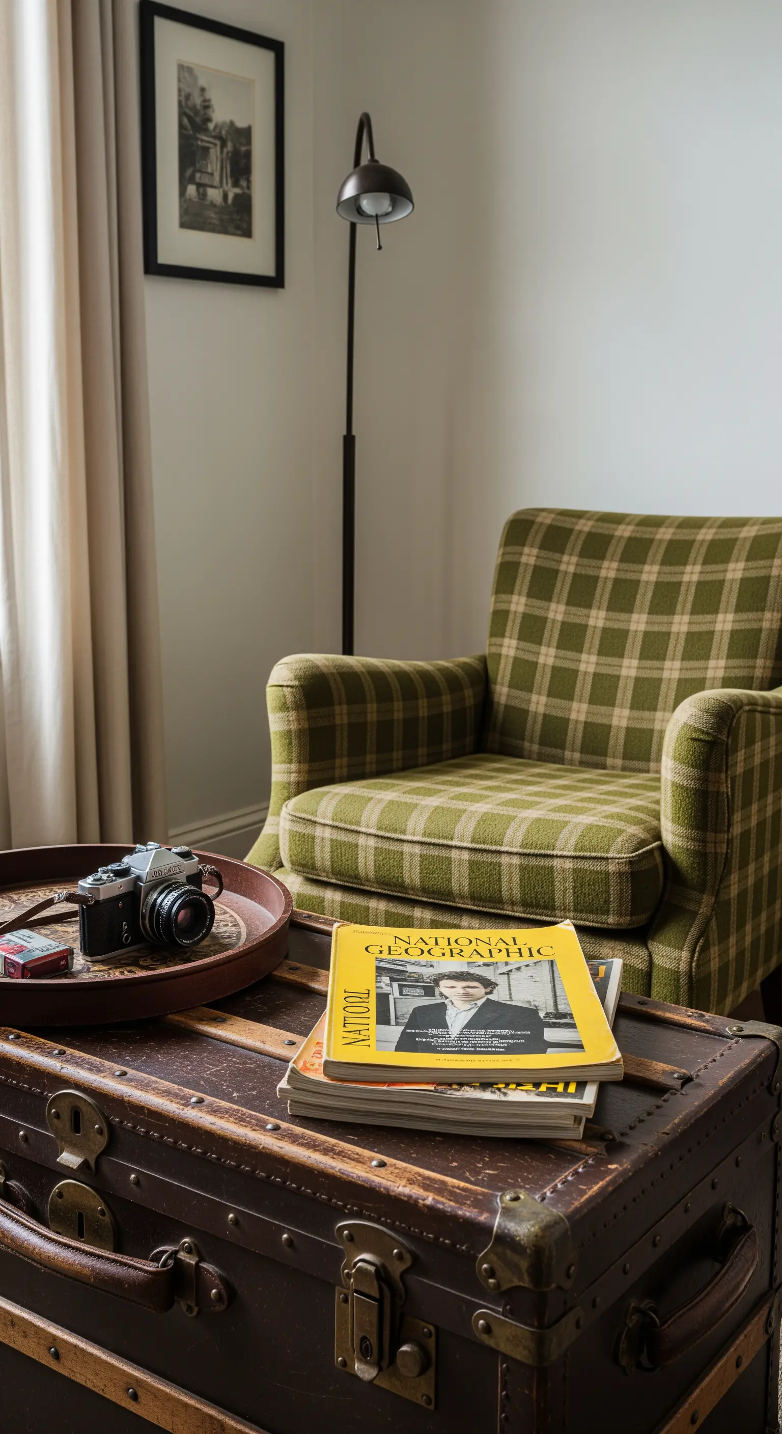 Poltrona vintage a quadri verdi, baule in pelle come tavolino e rivista gialla.