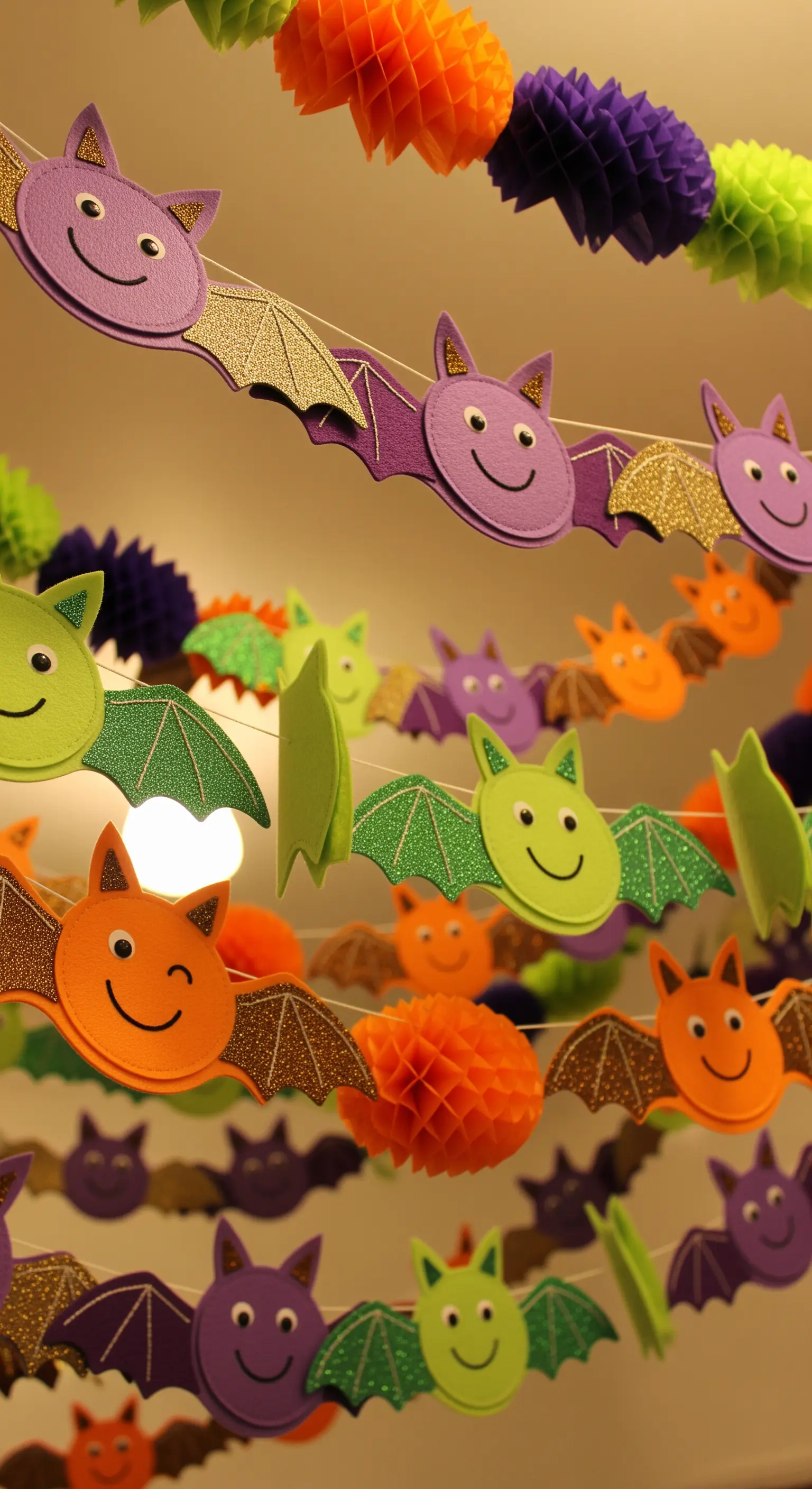 Ghirlande colorate con pipistrelli sorridenti e festoni a nido d'ape appese al soffitto.