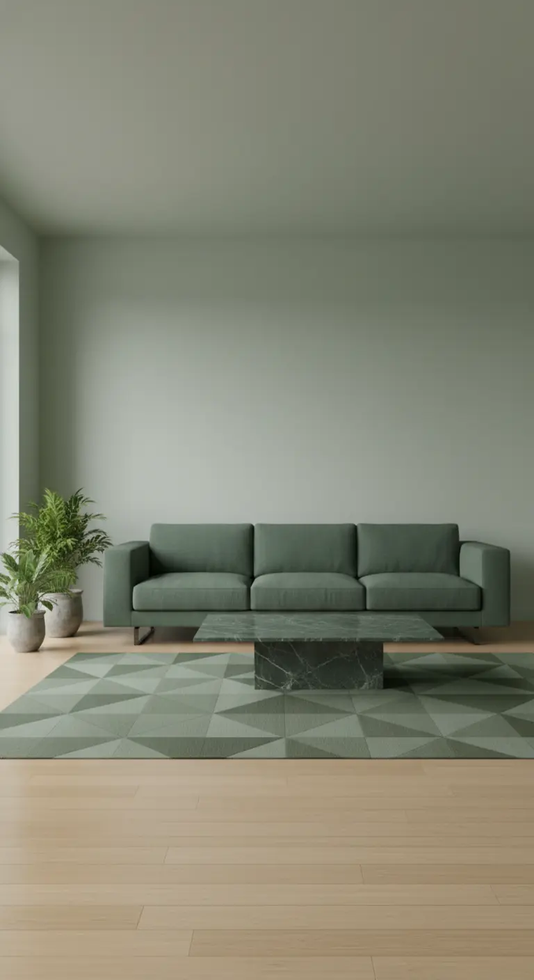 Salotto verde salvia con tappeto a motivi geometrici tono su tono.