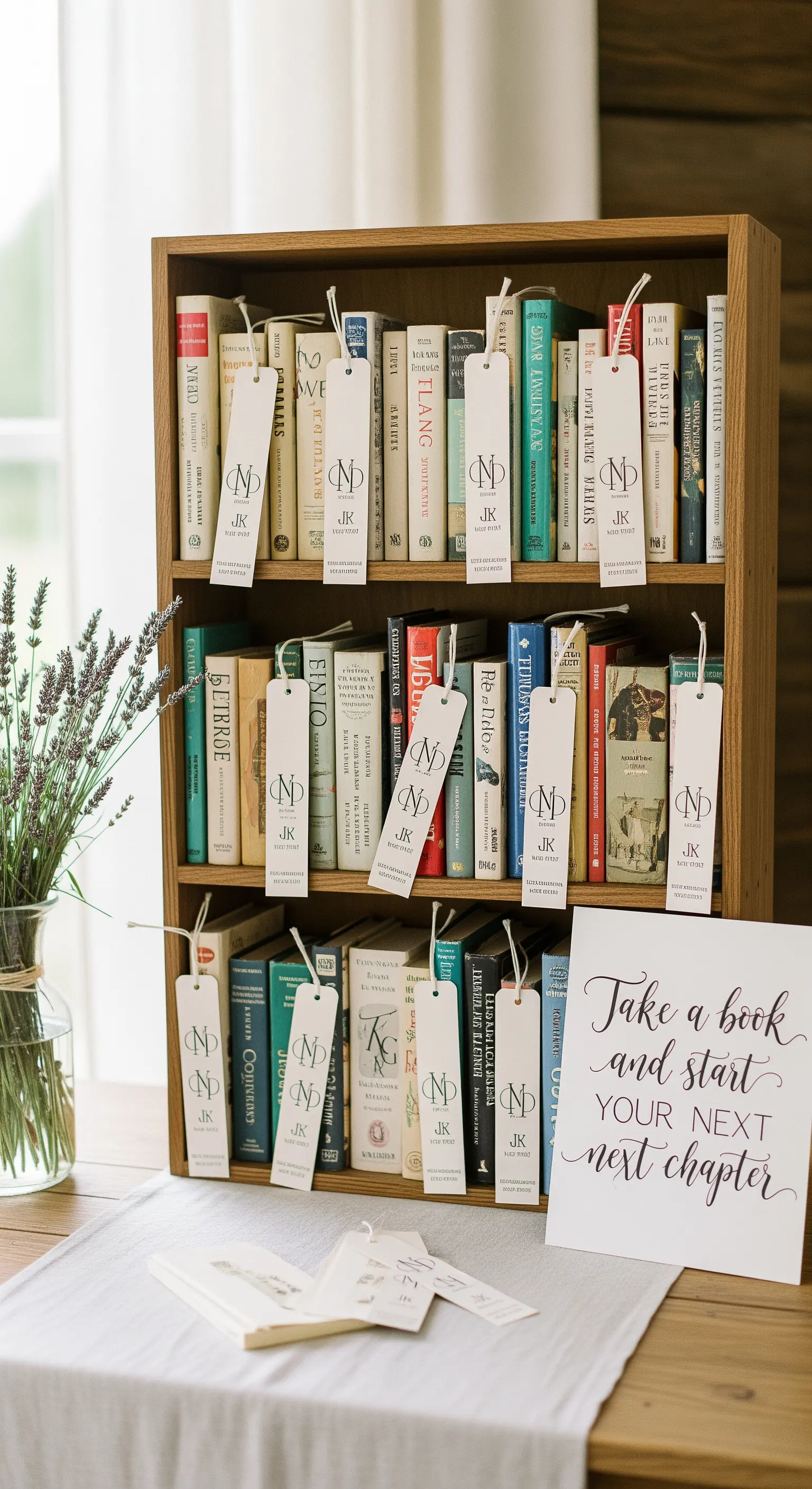 Piccola libreria di legno con libri e segnalibri personalizzati come bomboniere per gli invitati.