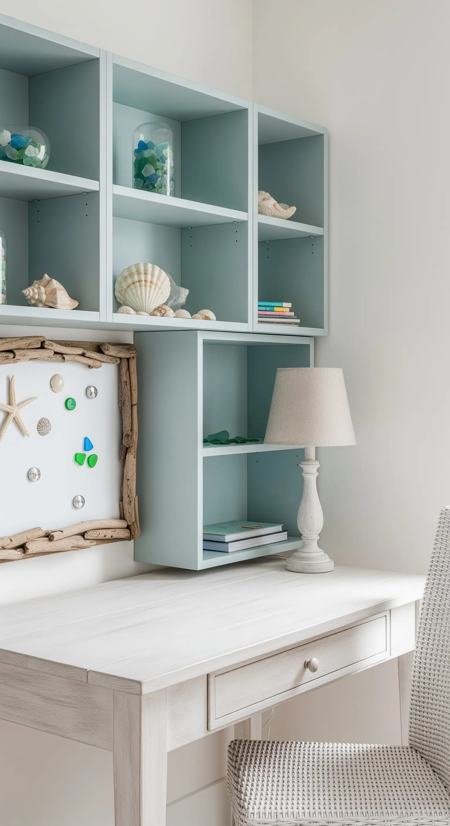 Scrivania in stile costiero con mensole azzurre e una lavagna con cornice di legnetti.