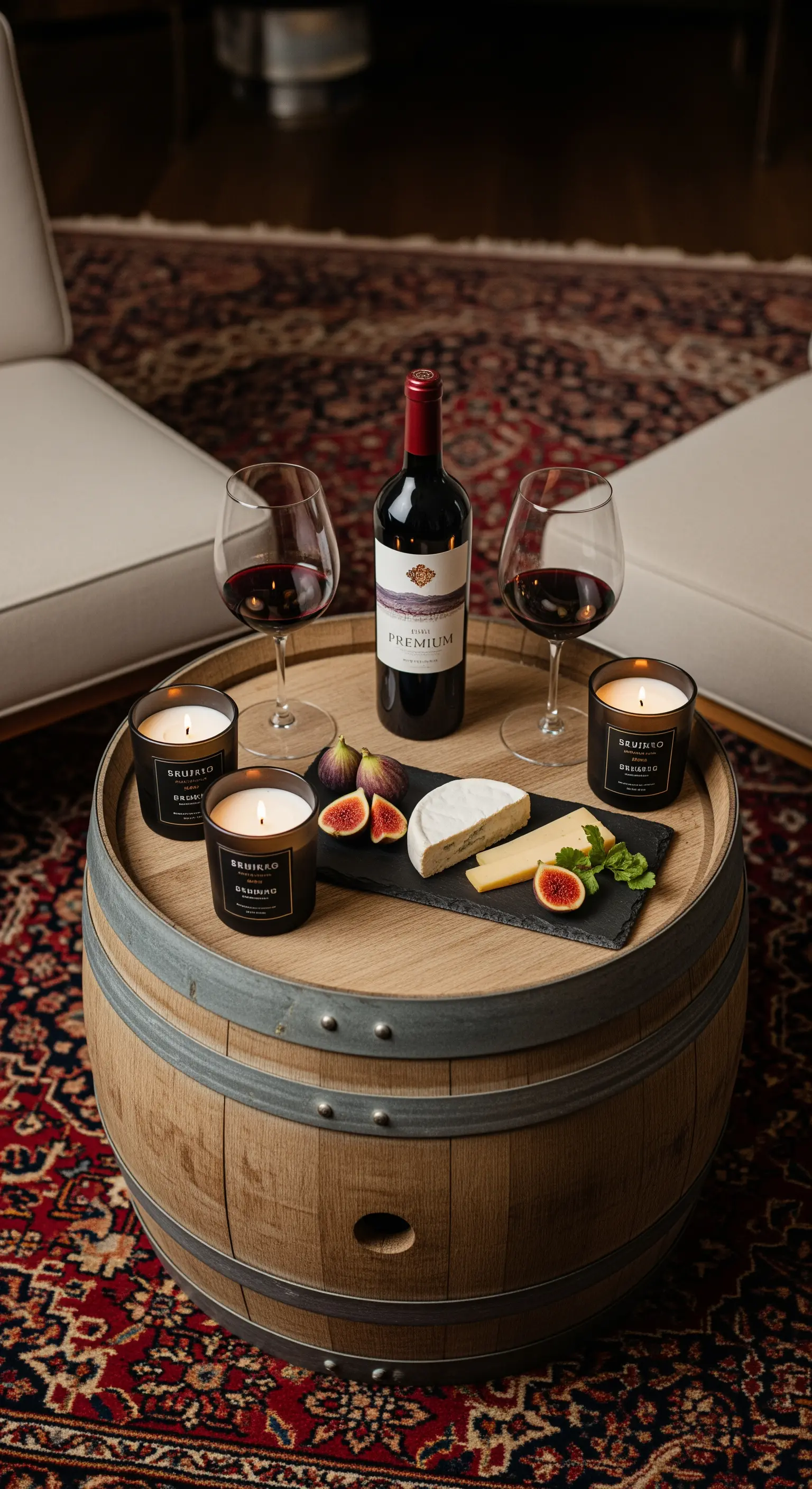 Botte di vino usata come tavolo con calici, formaggio e candele su un tappeto persiano.