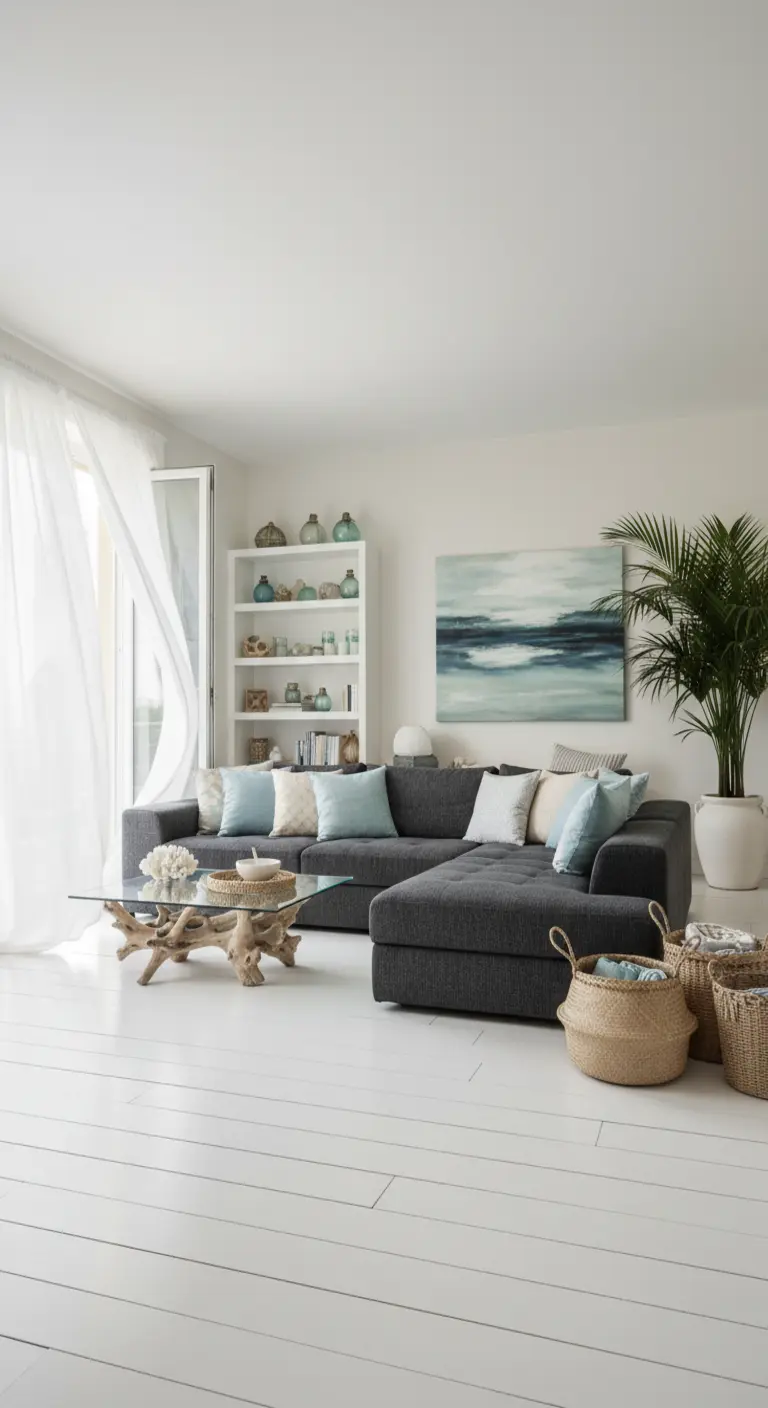 Soggiorno luminoso con pavimento bianco, divano grigio con cuscini azzurri e tavolino in legno spiaggiato.
