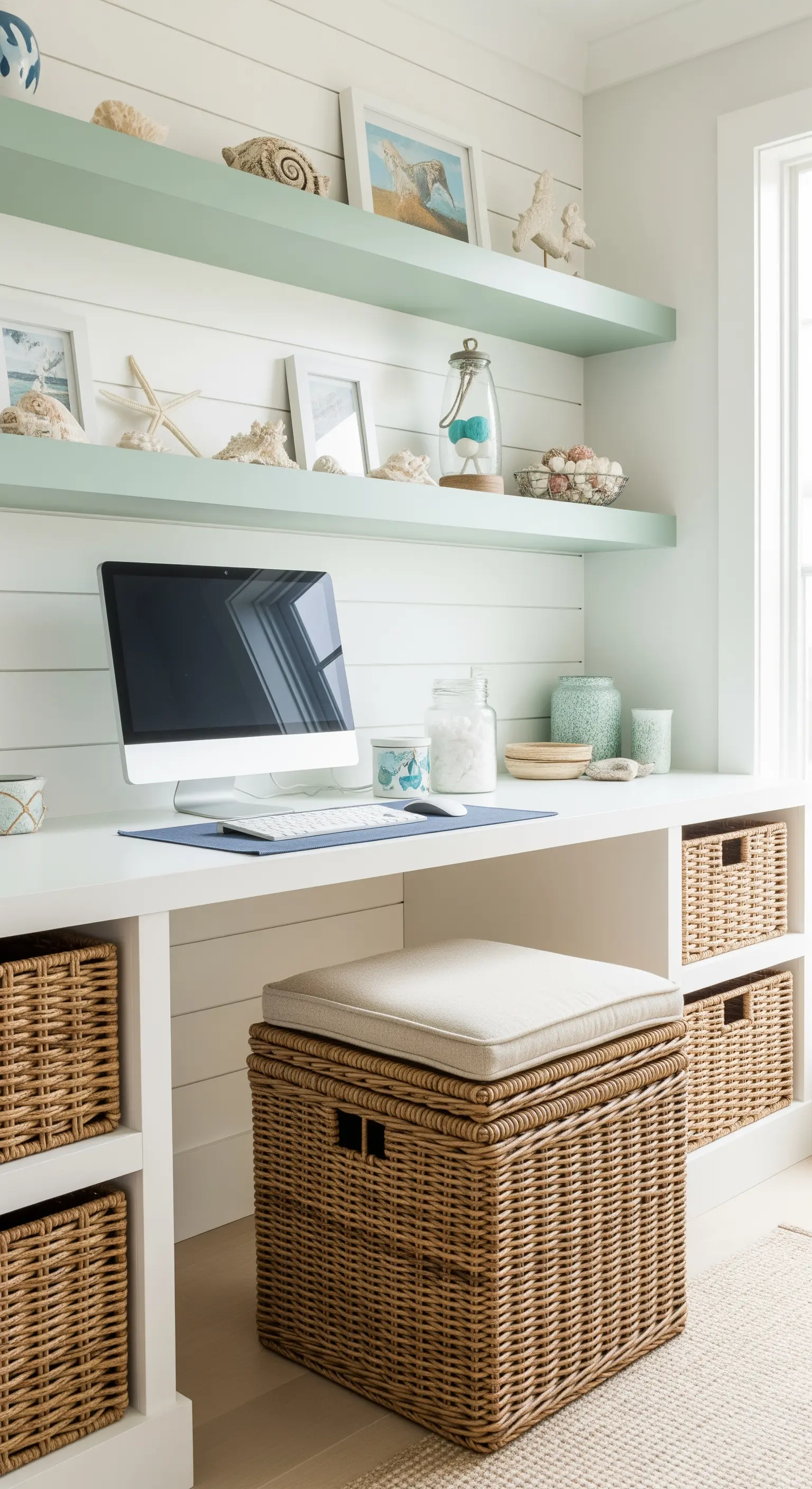 Scrivania bianca in stile coastal con mensole verdi e contenitori in vimini.