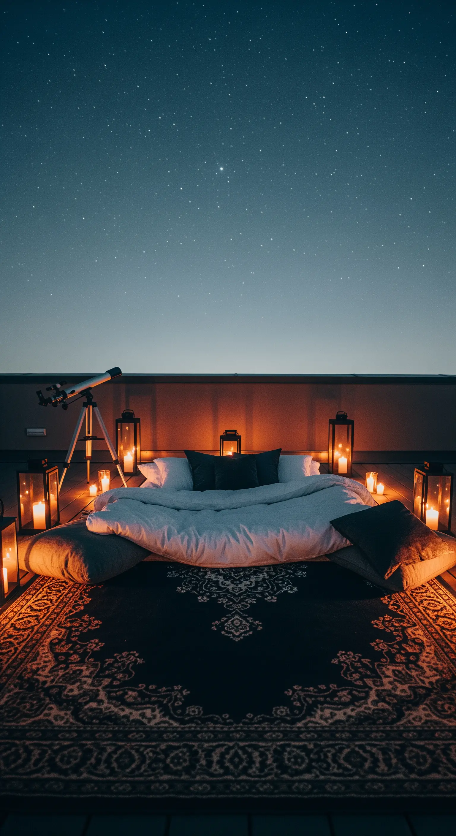 Letto allestito su un tetto con tappeto persiano, circondato da lanterne sotto un cielo stellato.