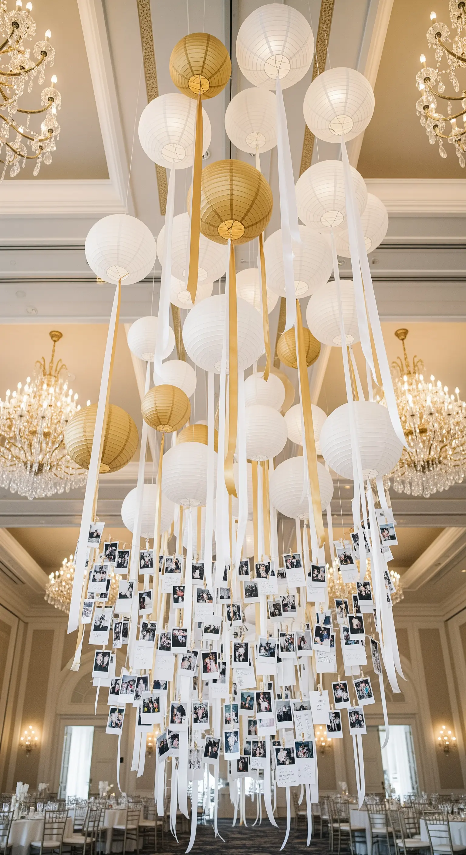 Installazione sospesa con lanterne di carta bianche e oro da cui pendono polaroid e nastri.