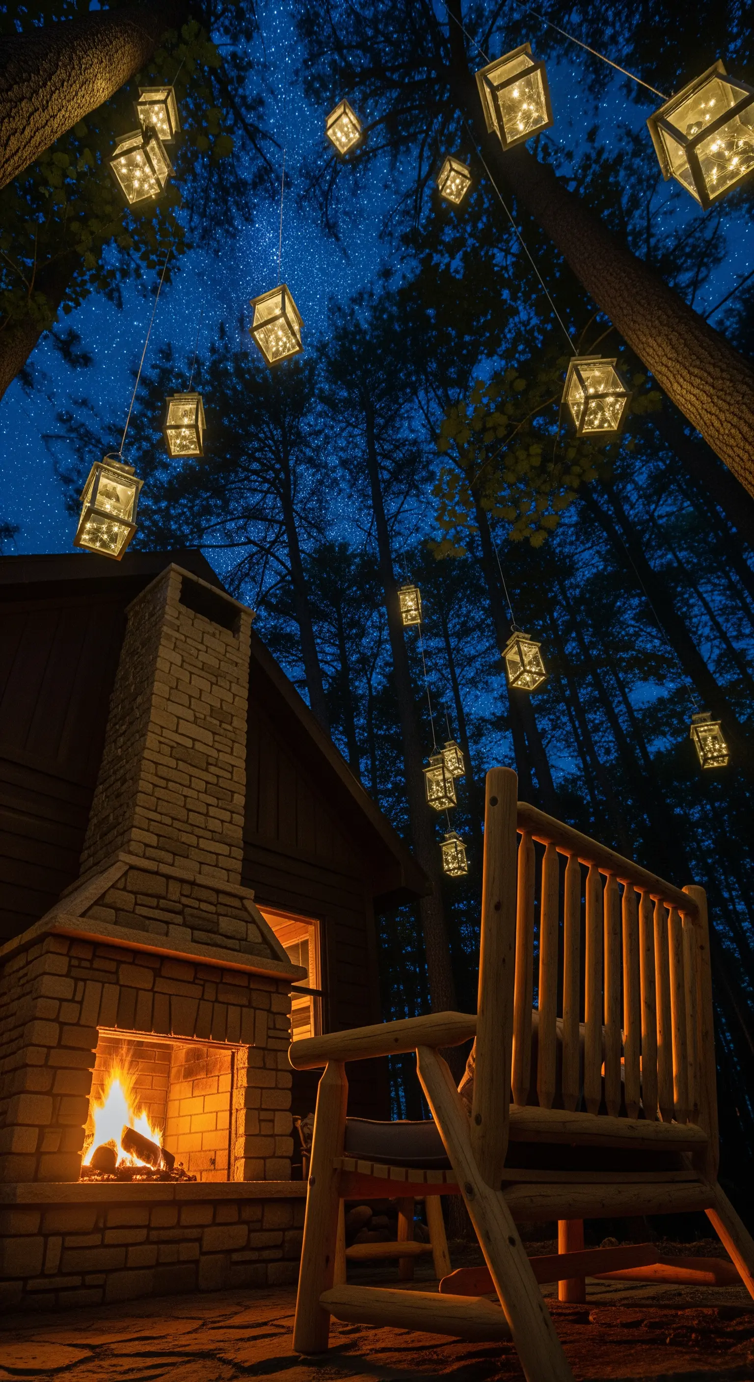 Lanterne cubiche appese a fili invisibili tra gli alberi di una foresta, sopra un camino acceso.