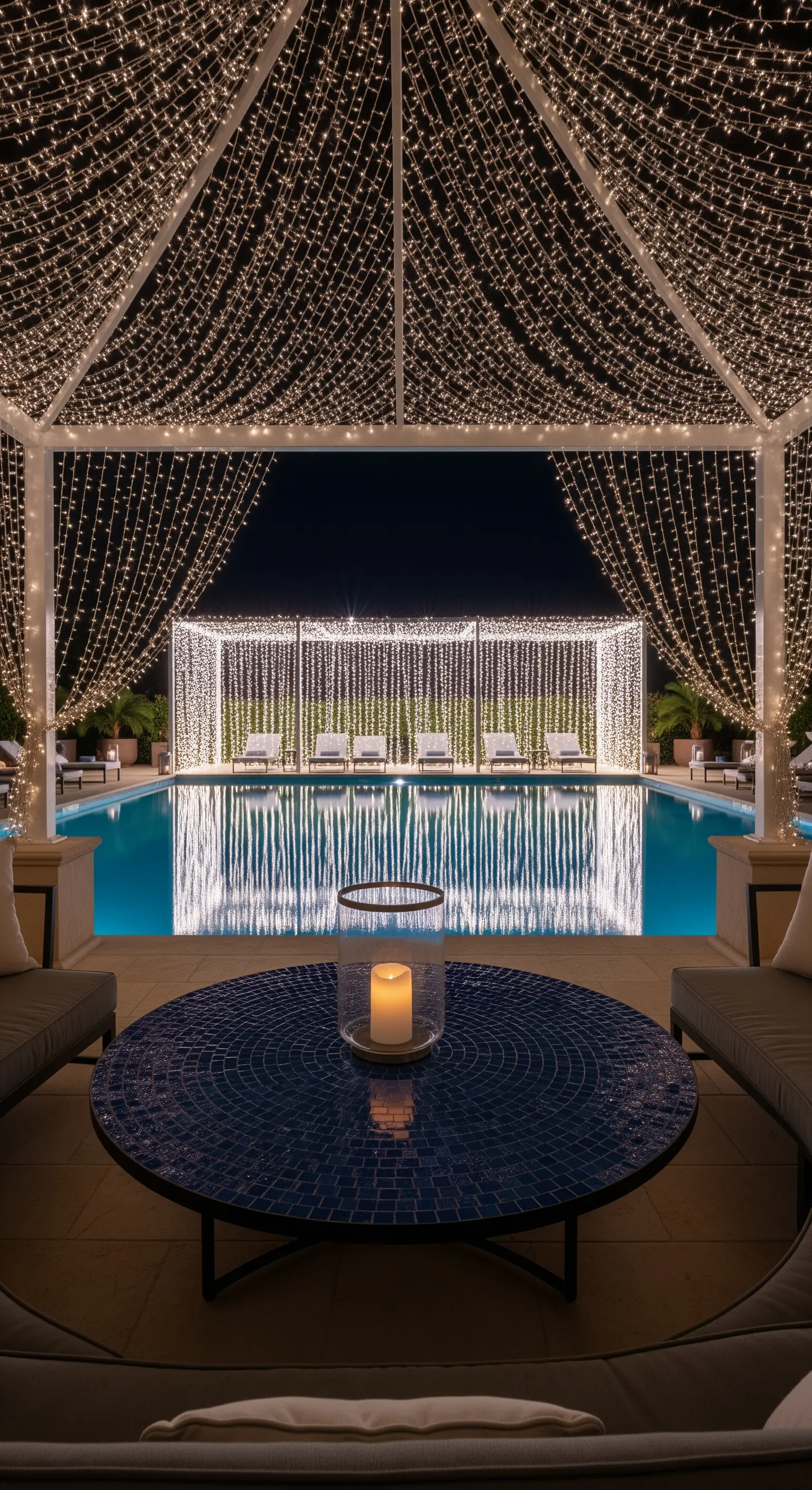 Gazebo a bordo piscina completamente ricoperto da cascate di lucine scintillanti