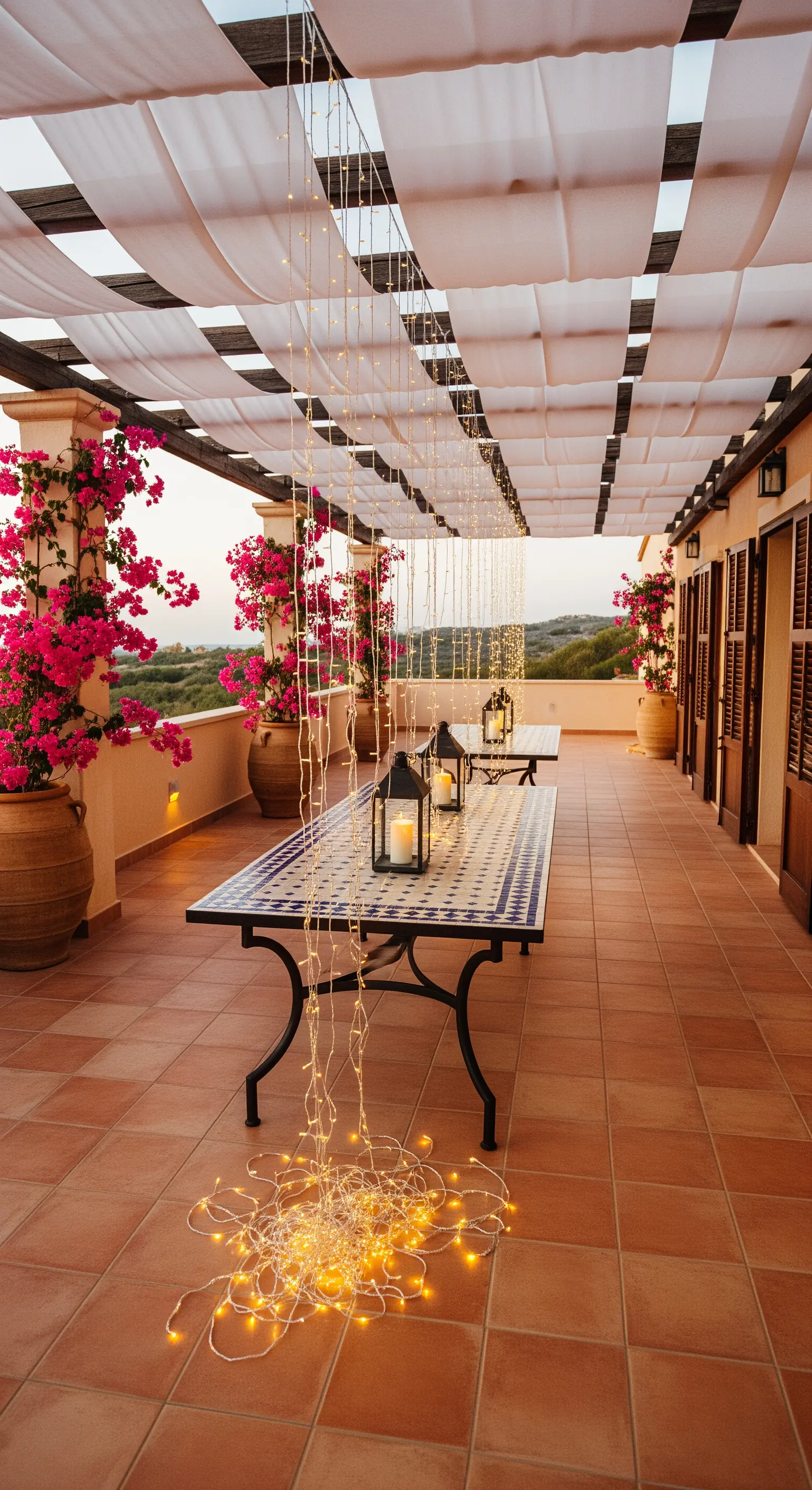 Grande terrazza mediterranea con luci a cascata che scendono da un pergolato su un tavolo in maiolica